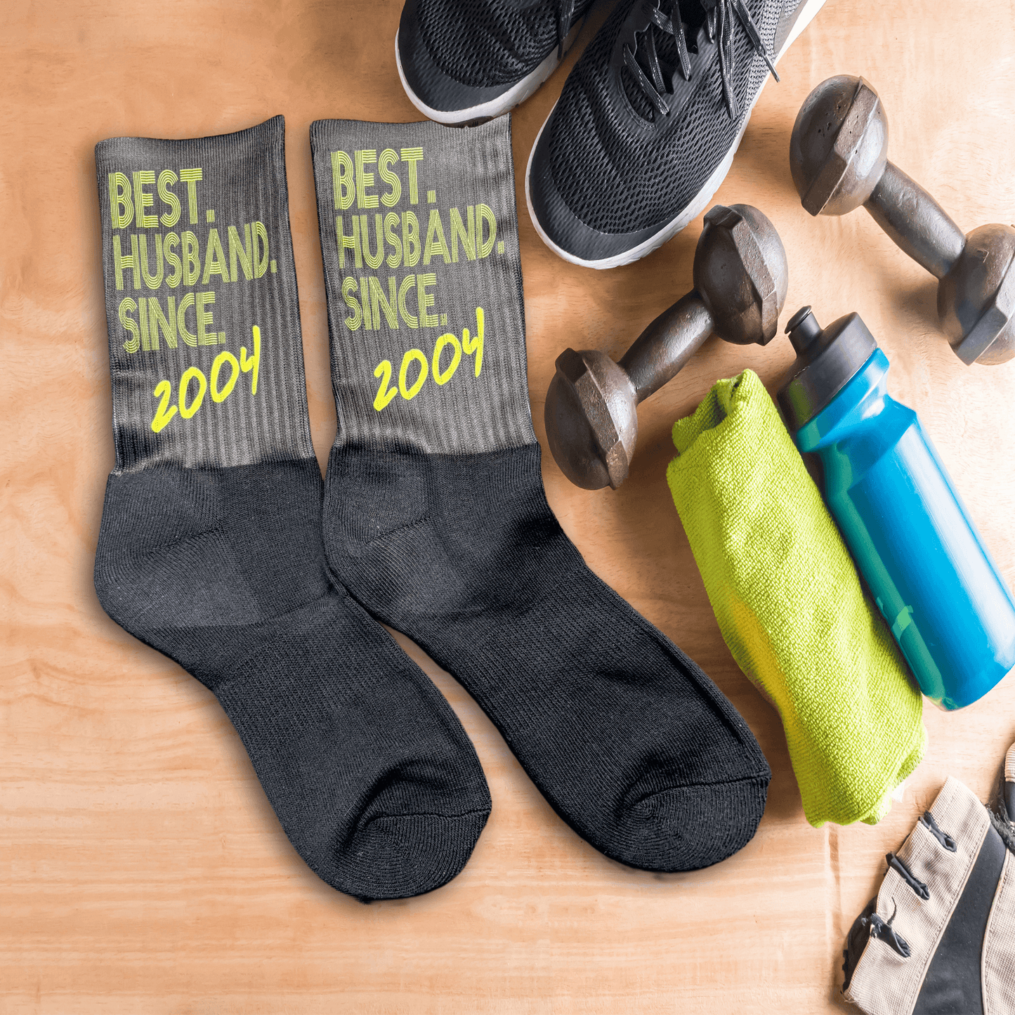 Anniversary socks customized with year in a gym setting