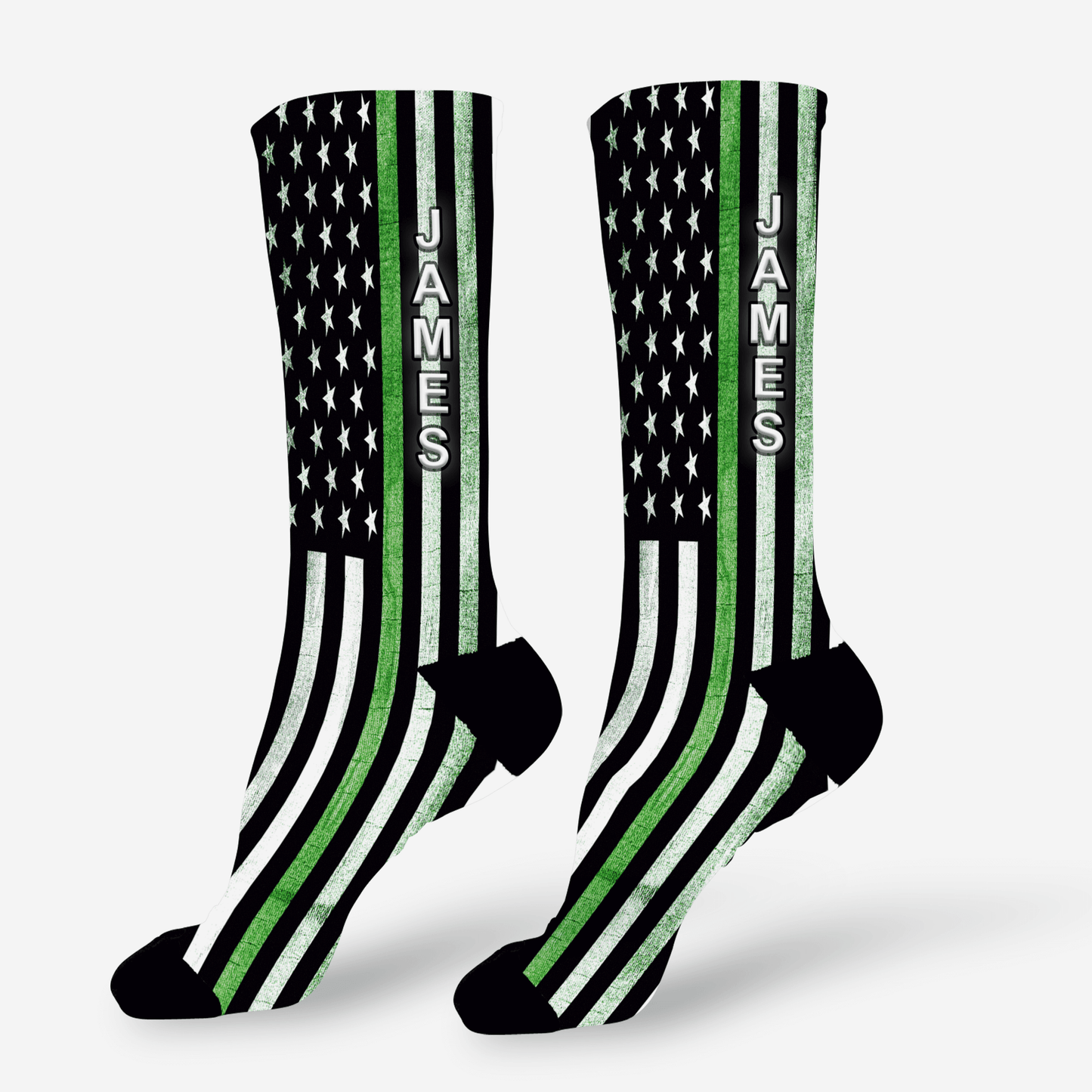 Socks with American flag design and personalized branding on a white background