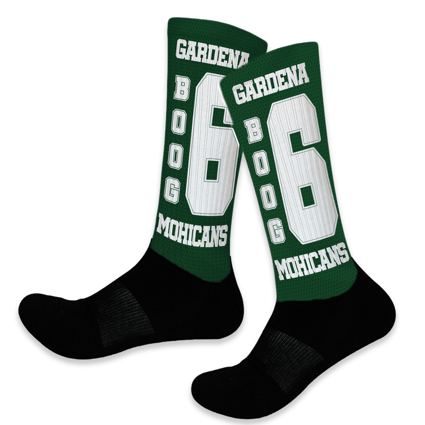 Custom green and white knee-high sports socks with team name, mascot, and player number.