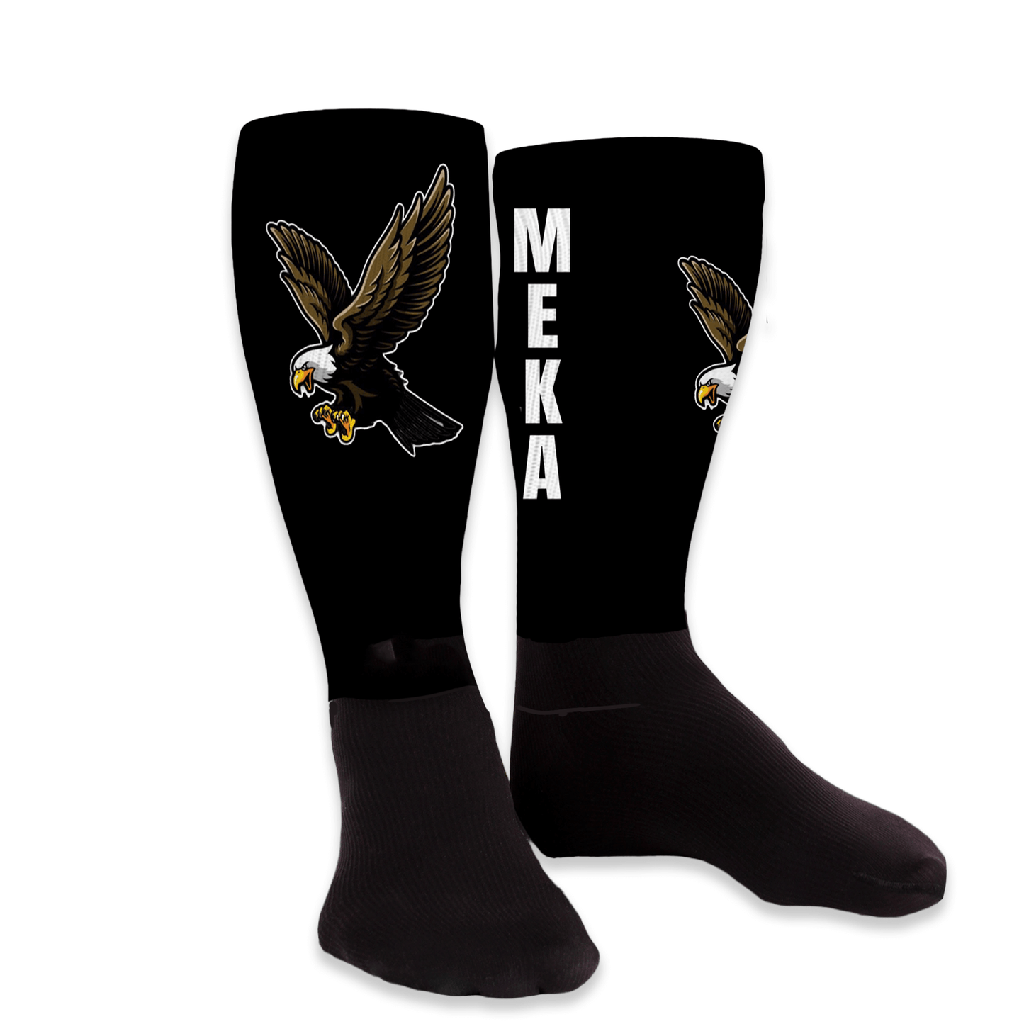 black crew socks with team logo on front and player number on back; signature personalized design.