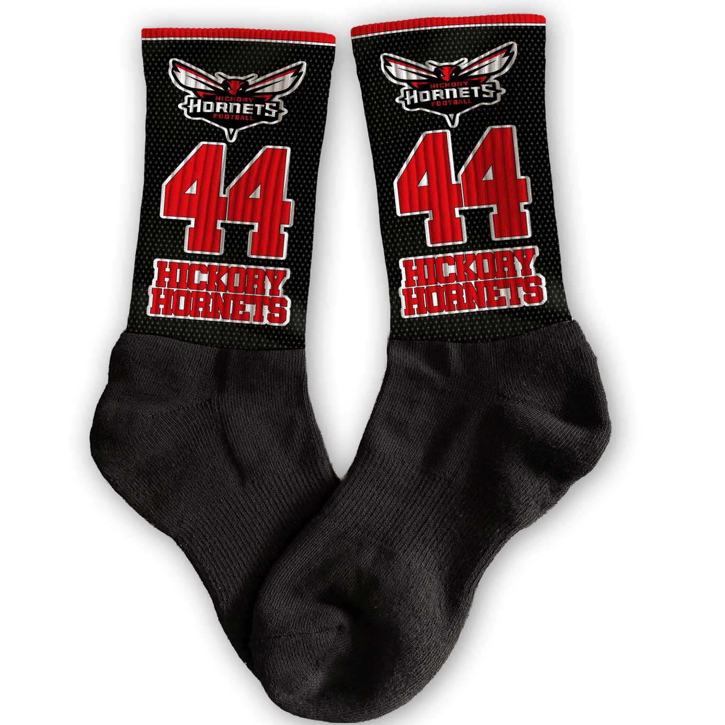 Custom black, red and white crew socks with team mascot/logo, player number, and personalized team name.