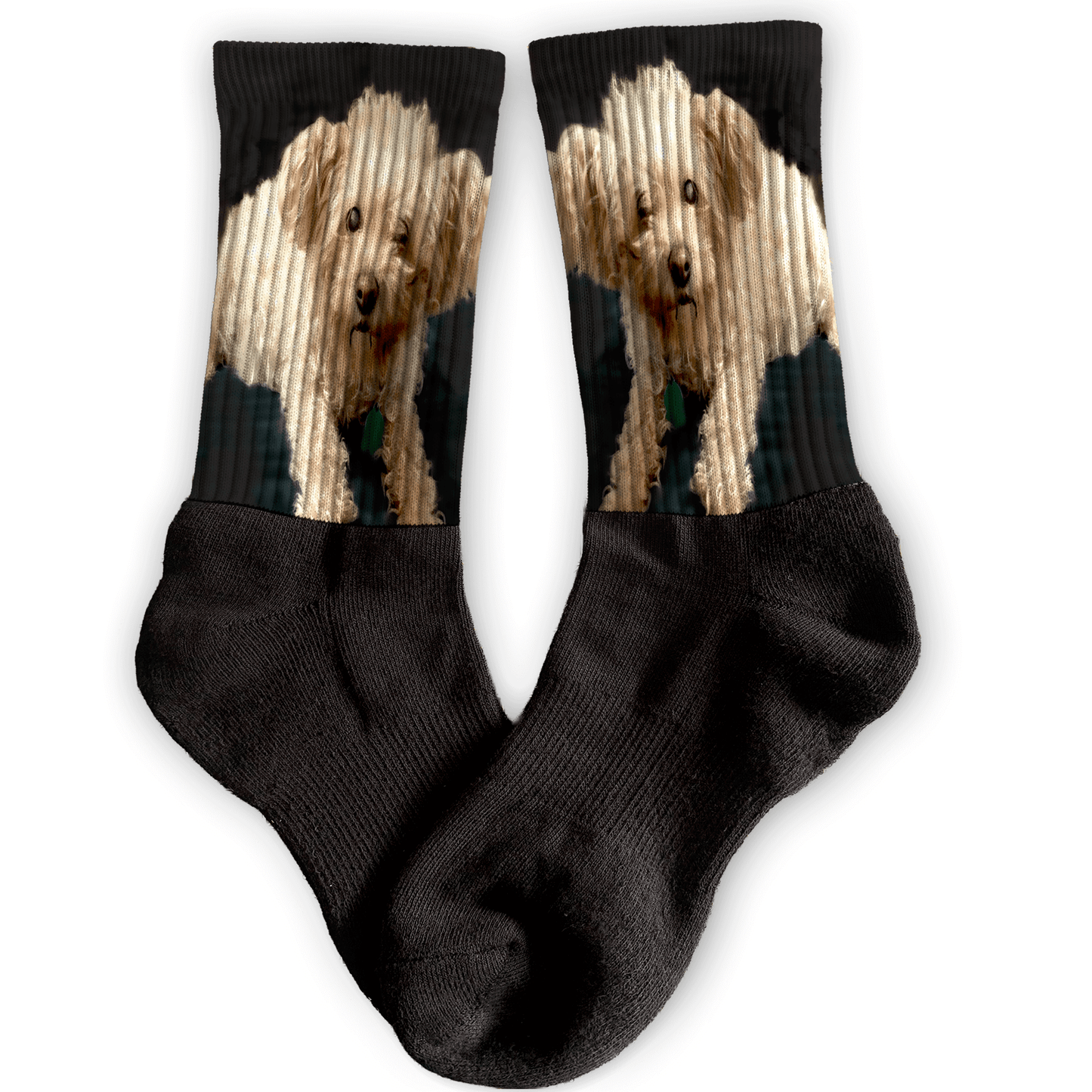 Custom crew socks with full-body pet photo. Personalized gift for pet lovers, available in athletic style and multiple colors.