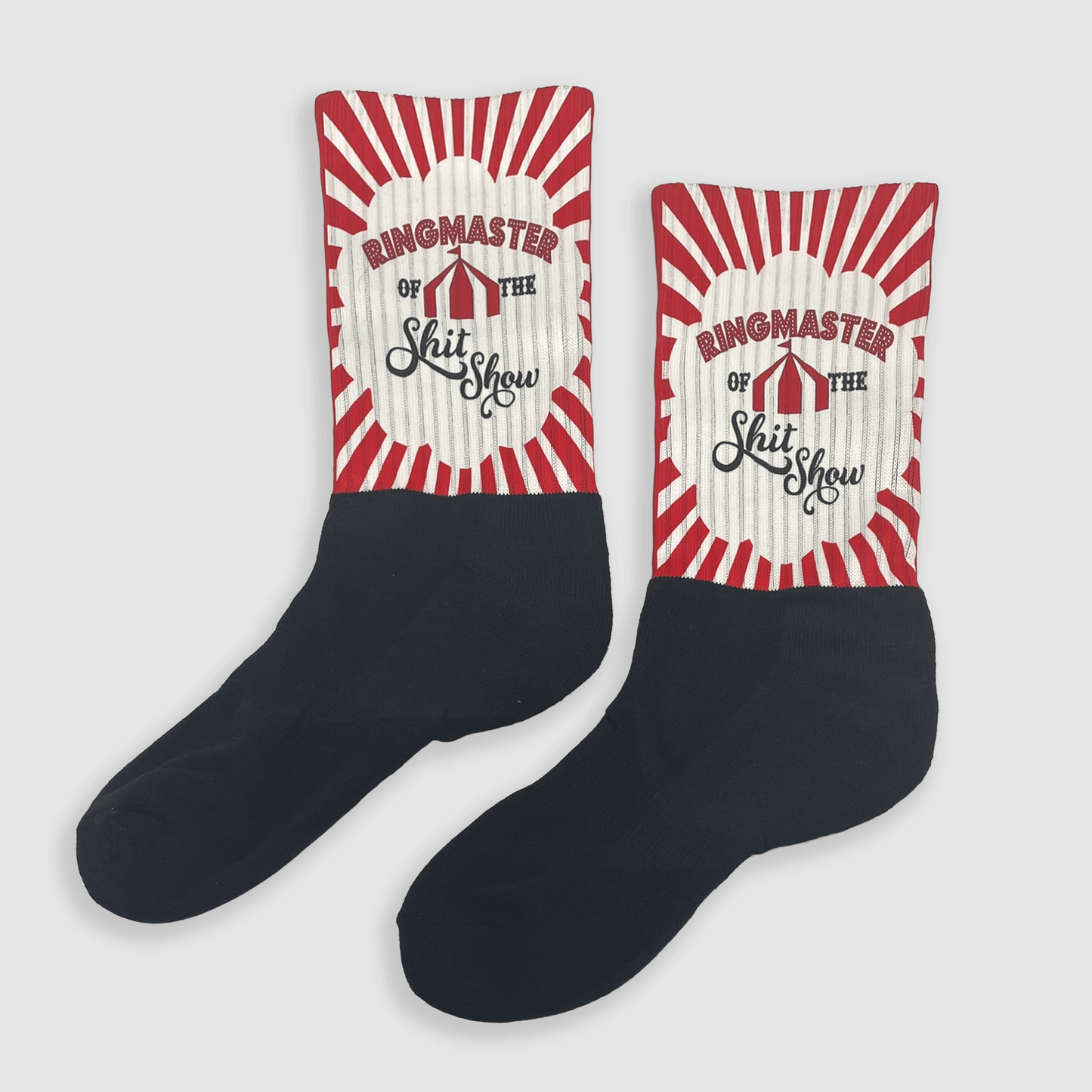 Catalog photo of the Ringmaster of the Shitshow novelty socks