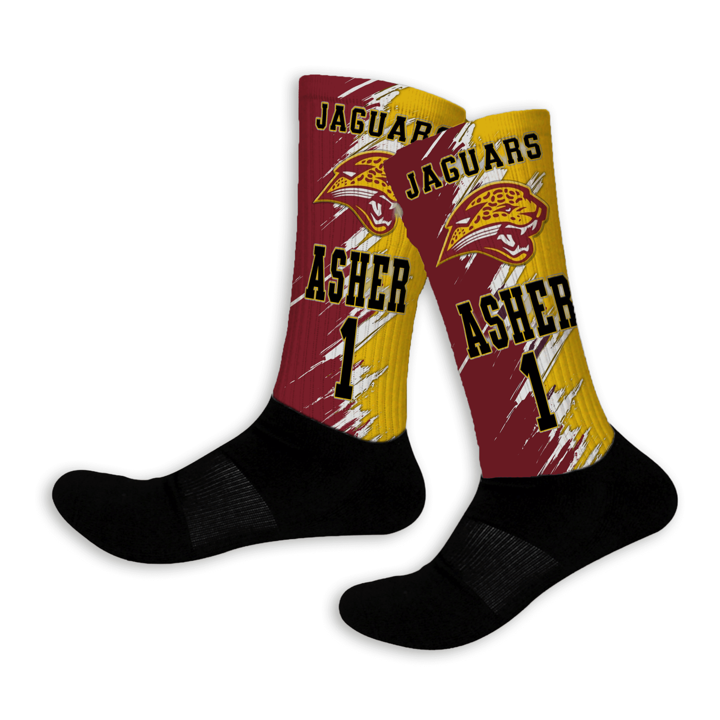 Pair of socks with Jaguar logo and text on a white background
