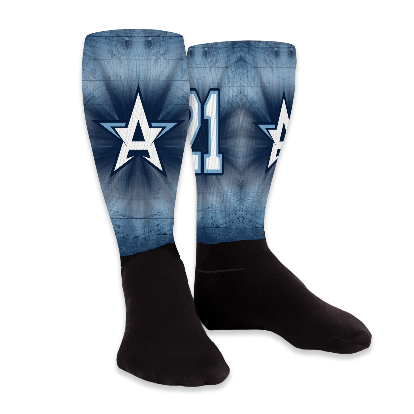 Navy blue crew socks with team logo on front and player number on back; signature personalized design.