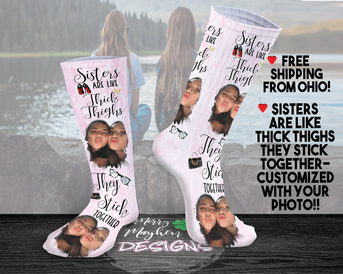Cute Sister Gifts, Sisters are Like Thick Thighs They Stick Together Womens Funny Fashion Socks, Custom Best Friend Gift, Bonus Sister BFF