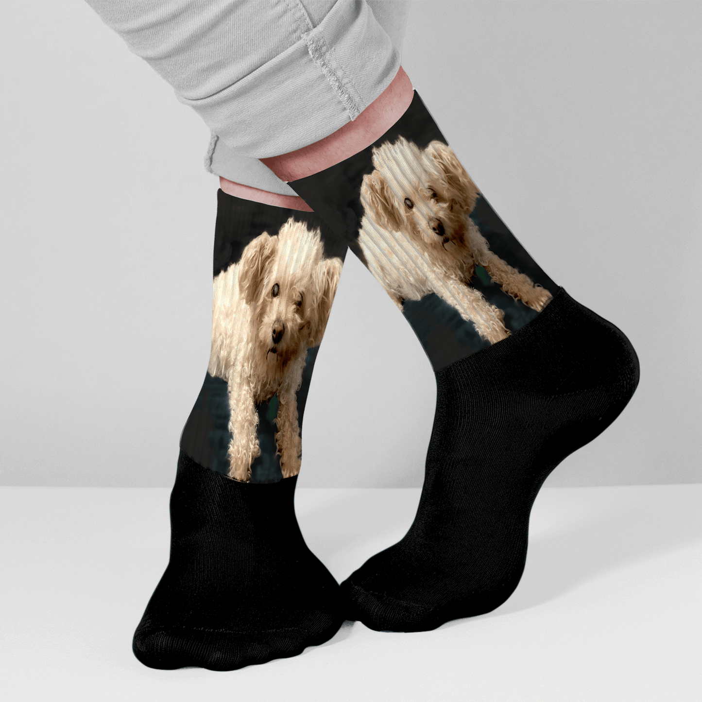 Black socks with dog pattern worn by a person on a light gray background