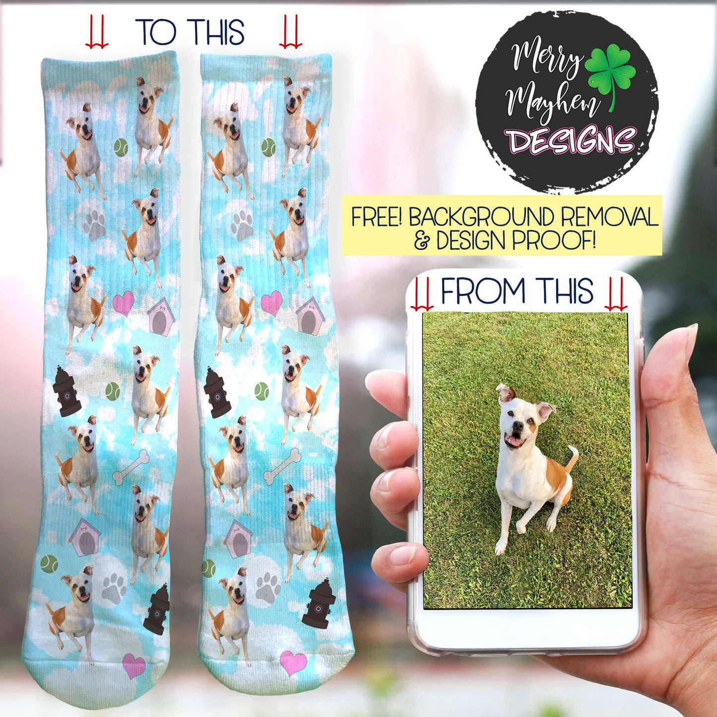 Custom Dog Face Photo Socks with Message, Personalized Fashion Socks for Dog Lover, Custom Printed Funny Pet Socks, Puppy or Cat Gift