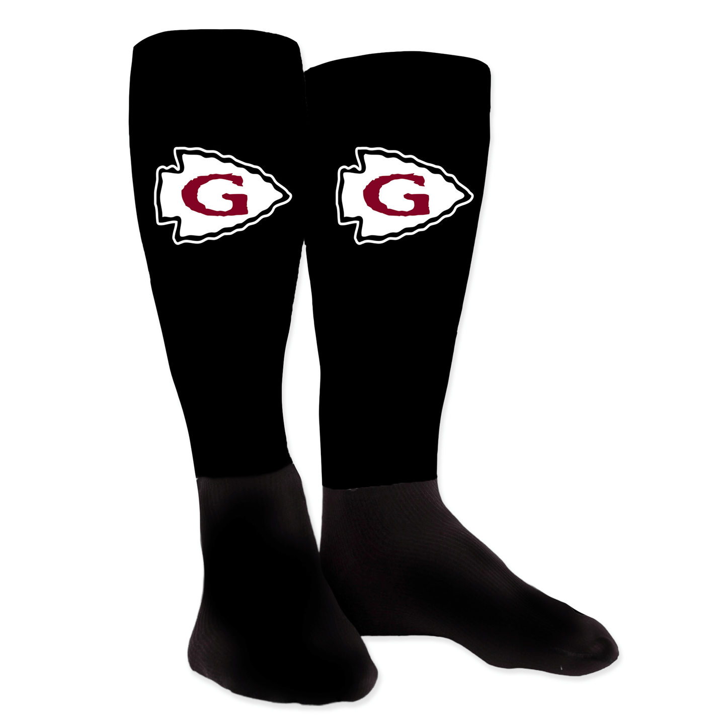 Black knee-high socks with team logo on front and player number on back; signature personalized design.