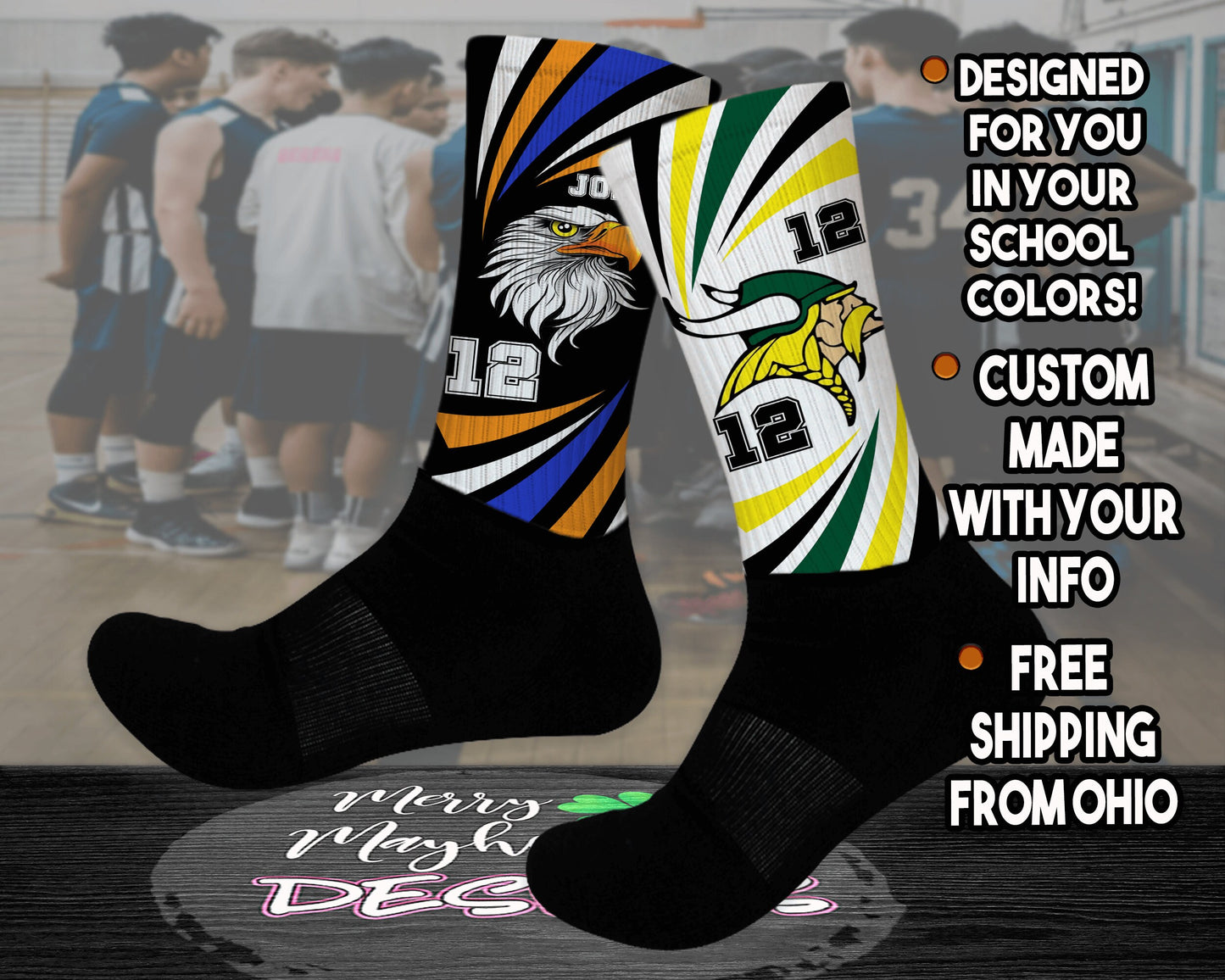 Personalized Basketball, Cheerleading, Baseball Crew and Knee-High Socks with Team Logo, Mascot, and Colors - Perfect for Teams and Fans!