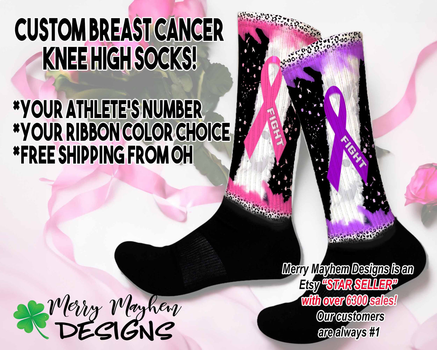 Personalized Cancer Ribbon Knee High Socks for Baseball, Softball, Athletes, Custom Breast Cancer Knee High Socks, Team Discounts