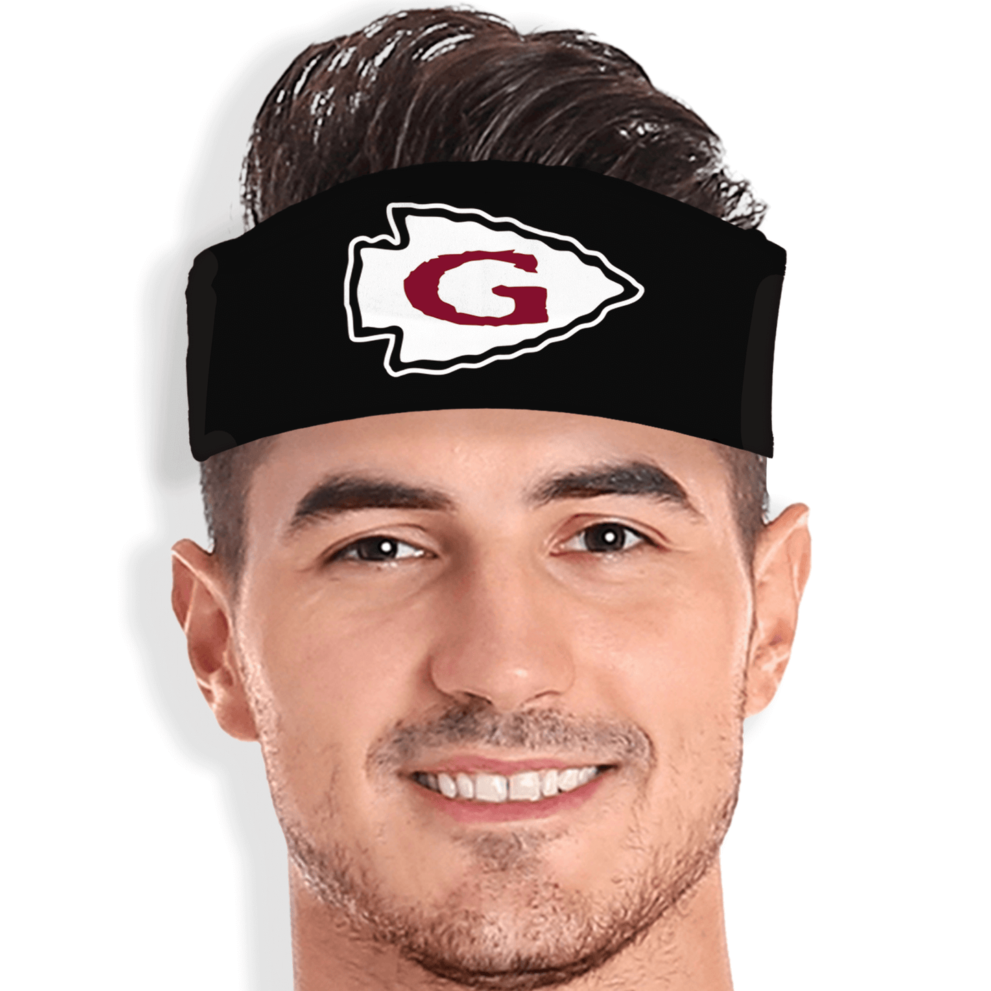 Black headband with a logo worn by a person with short hair on a white background