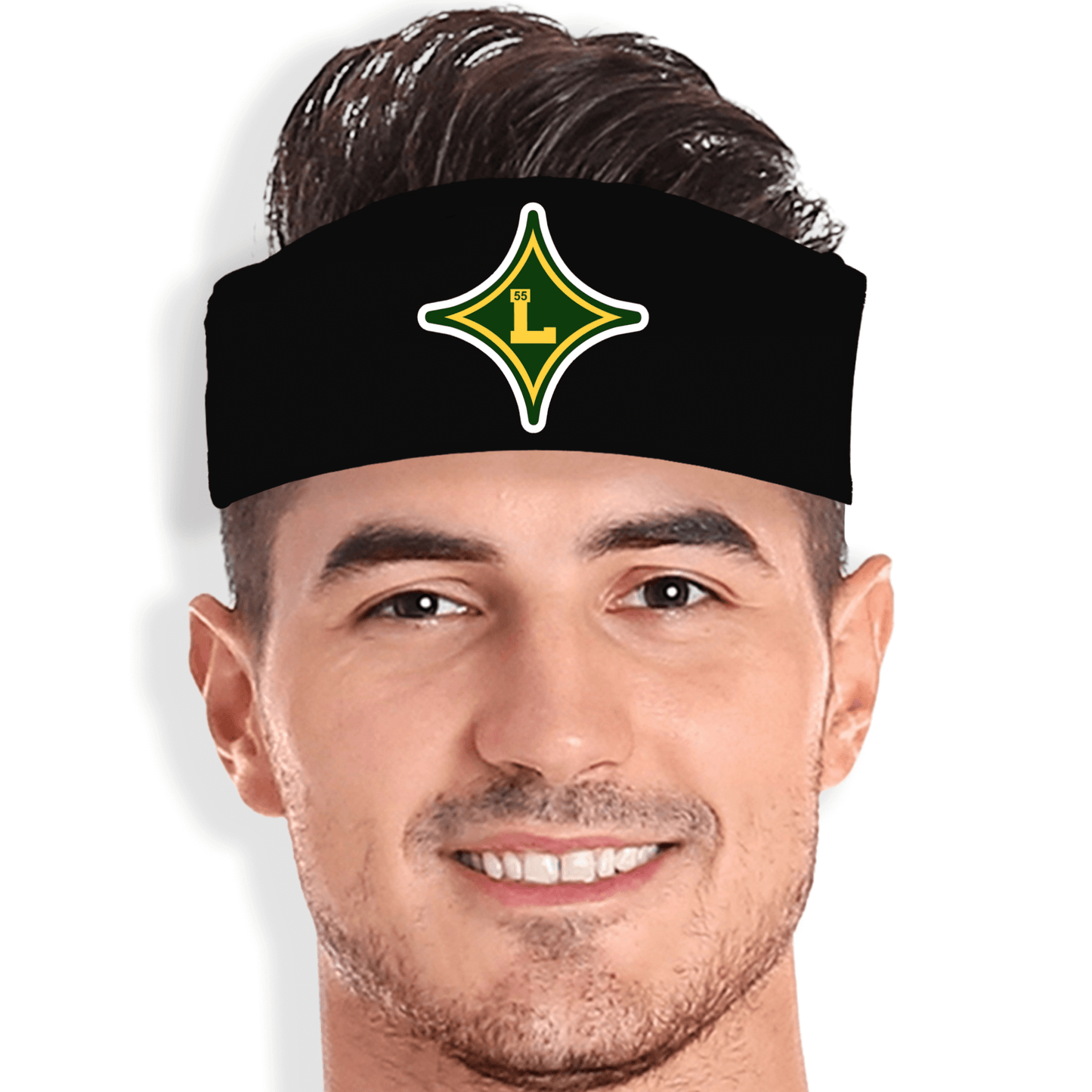 Black headband with a green and yellow logo worn by a person on a white background
