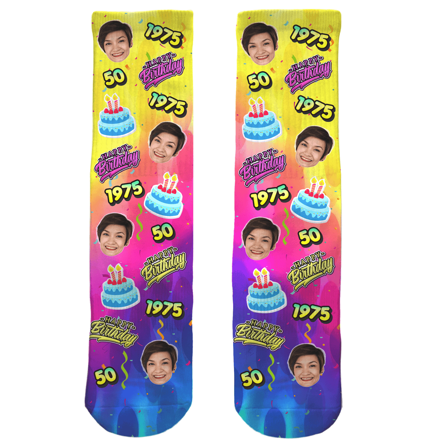 rainbow socks with photo and birthday year