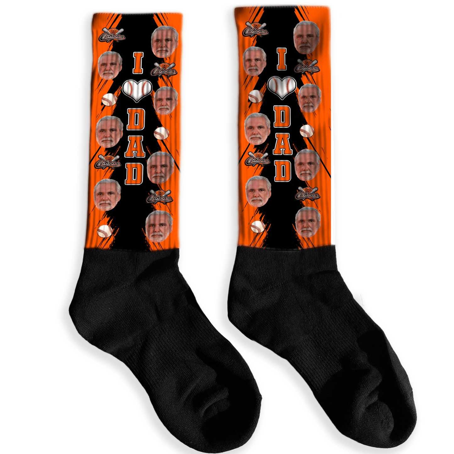 Pair of socks with 'I love Dad' text and multiple images on an orange background.