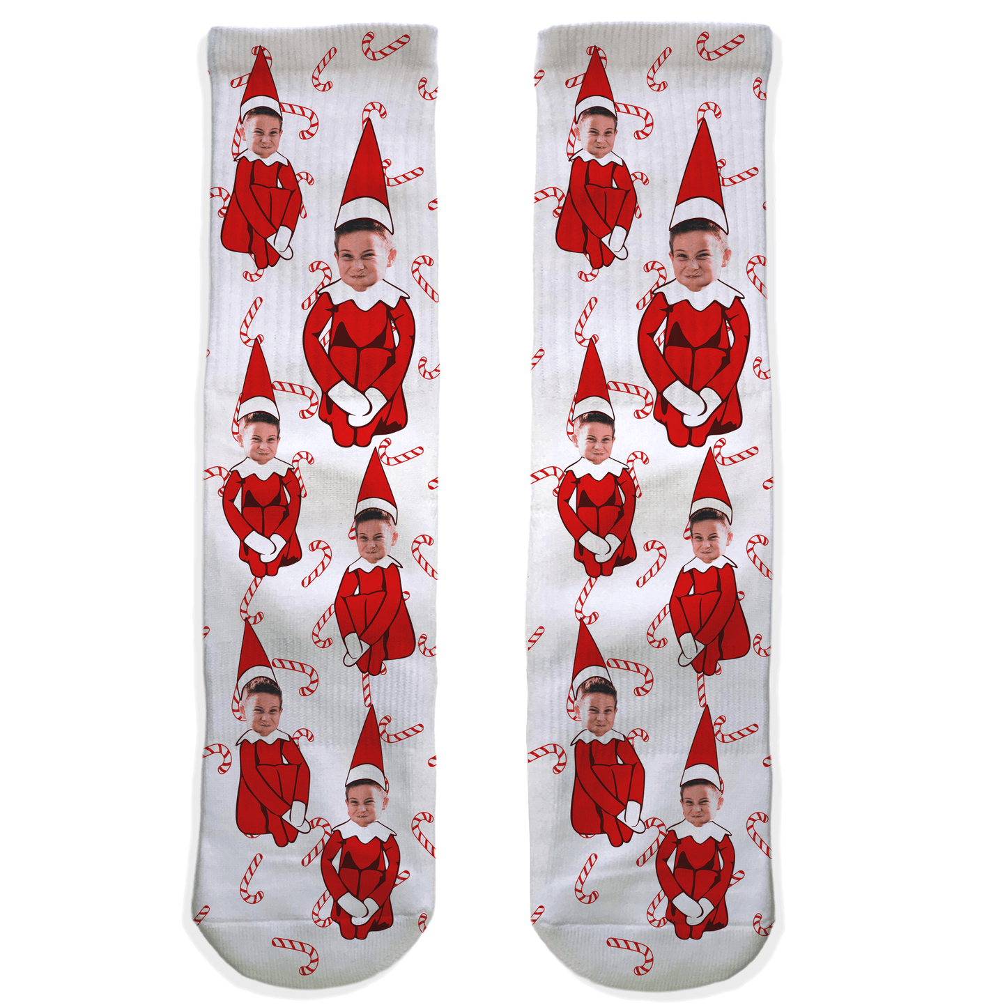 White crew socks with candy canes and elf bodies, personalized with your custom face photo. Fun Christmas gift for friends and family.