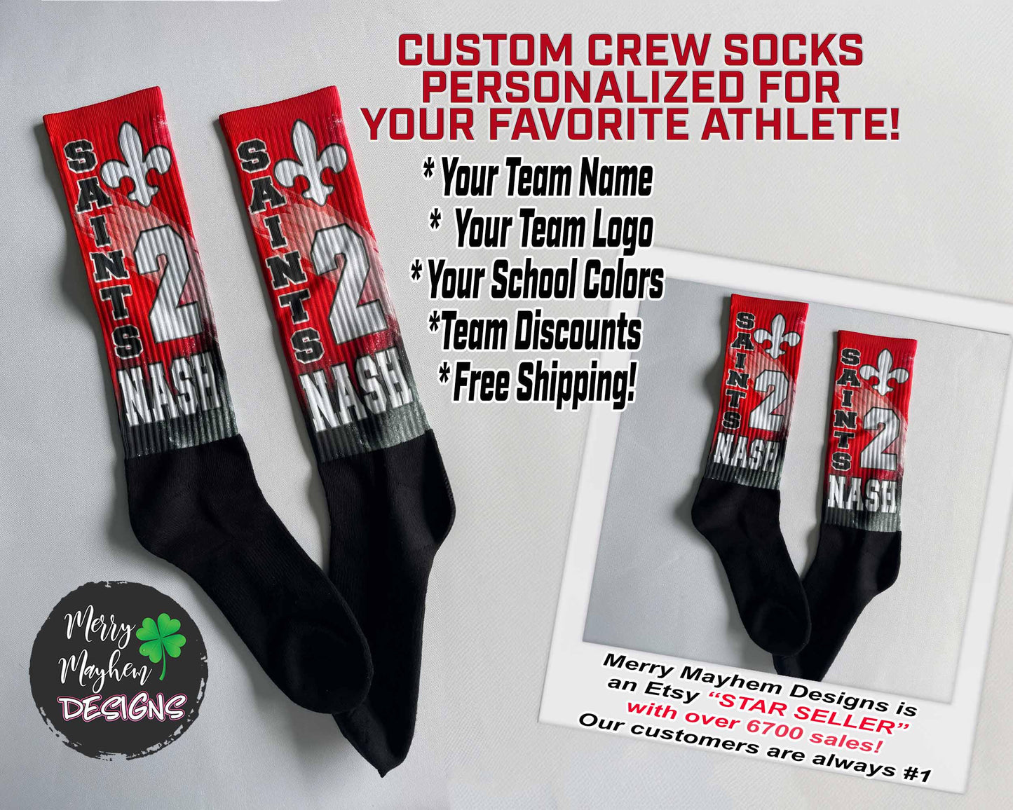 Custom red and black crew socks with team mascot/logo, player number, and personalized team name.
