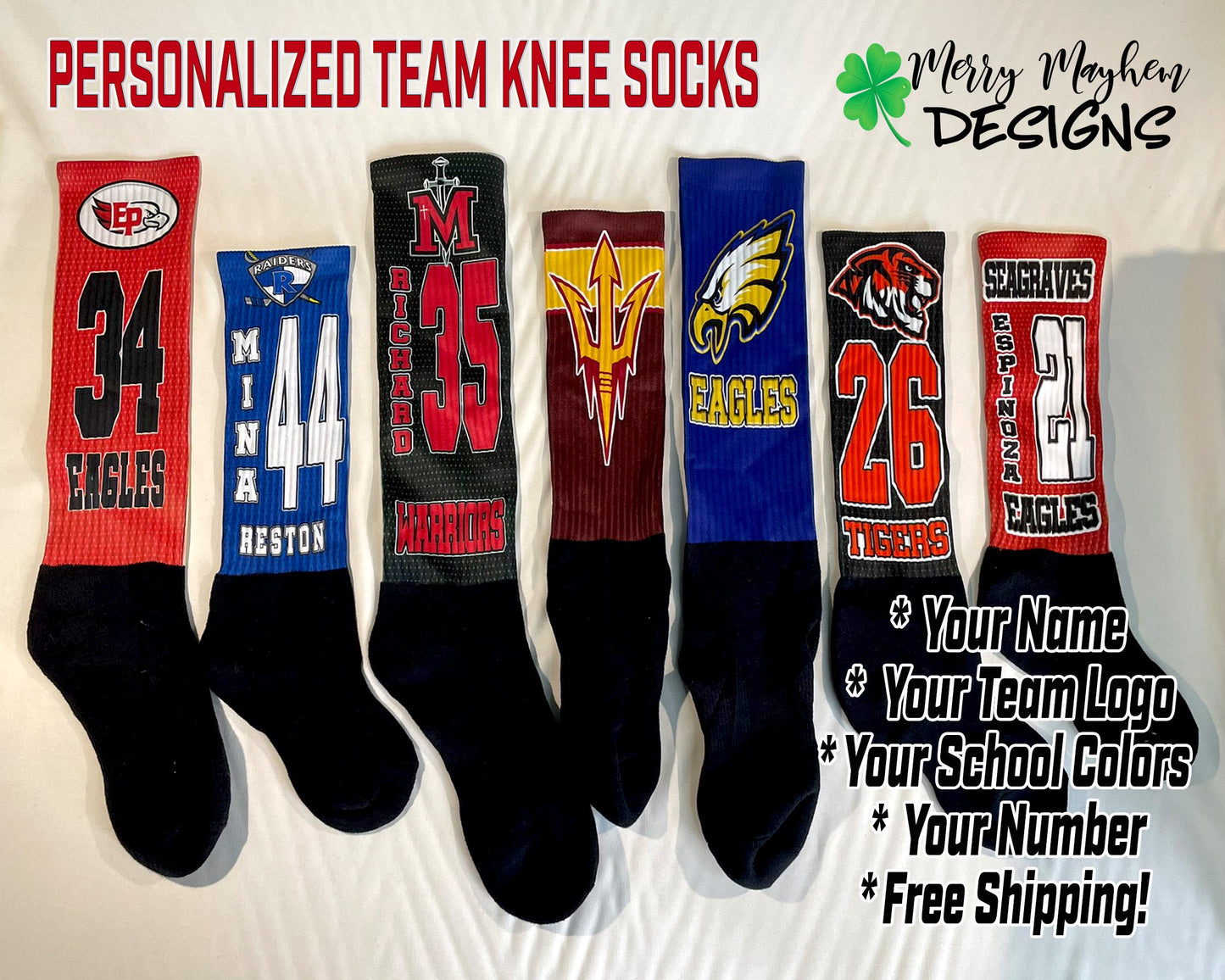 Personalized Football Knee High Socks, Customized Socks with Mascot, Custom Team Logo Knee High Socks, End of Year Gift, Gift for Teen Boy