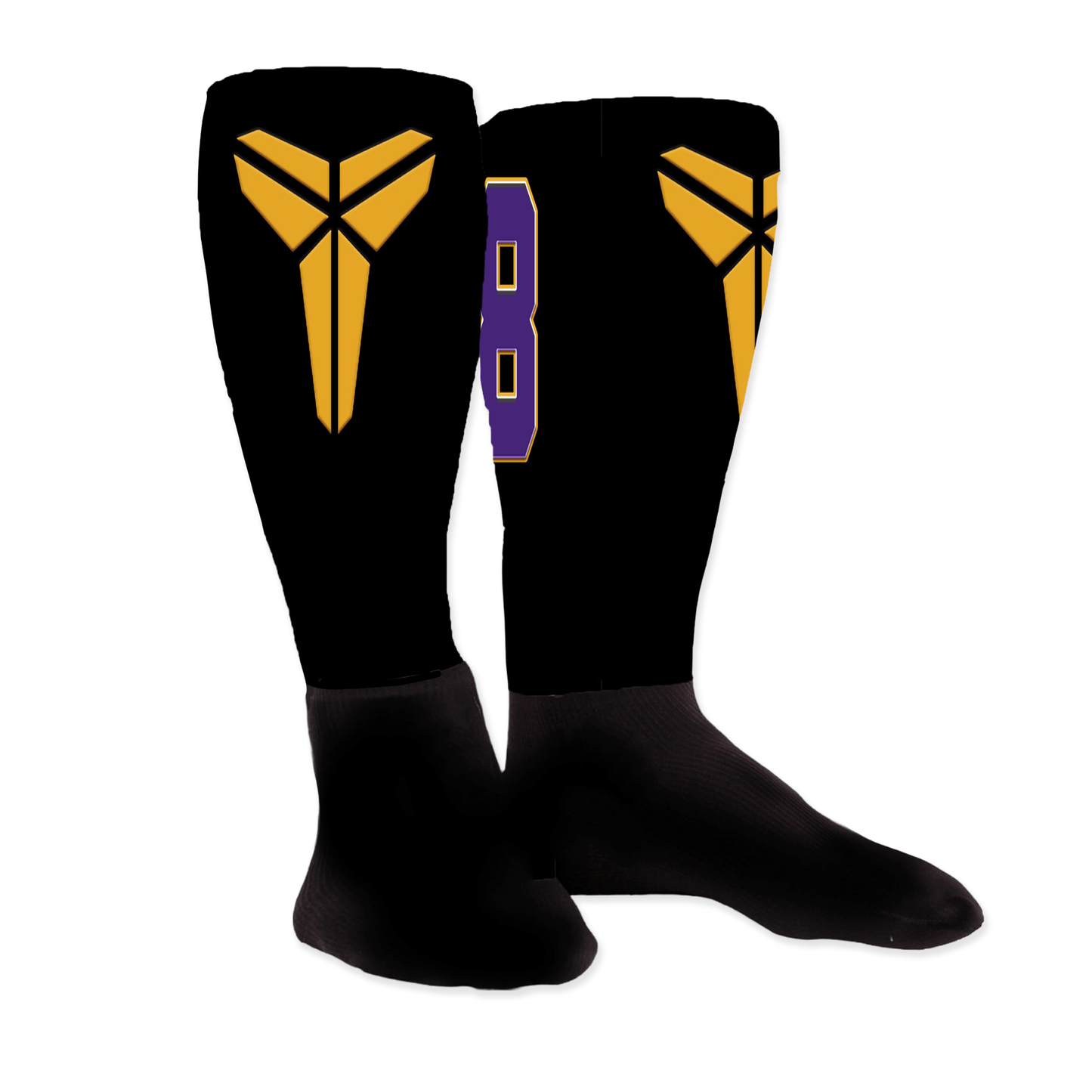 Black, gold and purple knee-high socks with team logo on front and player number on back; signature personalized design.