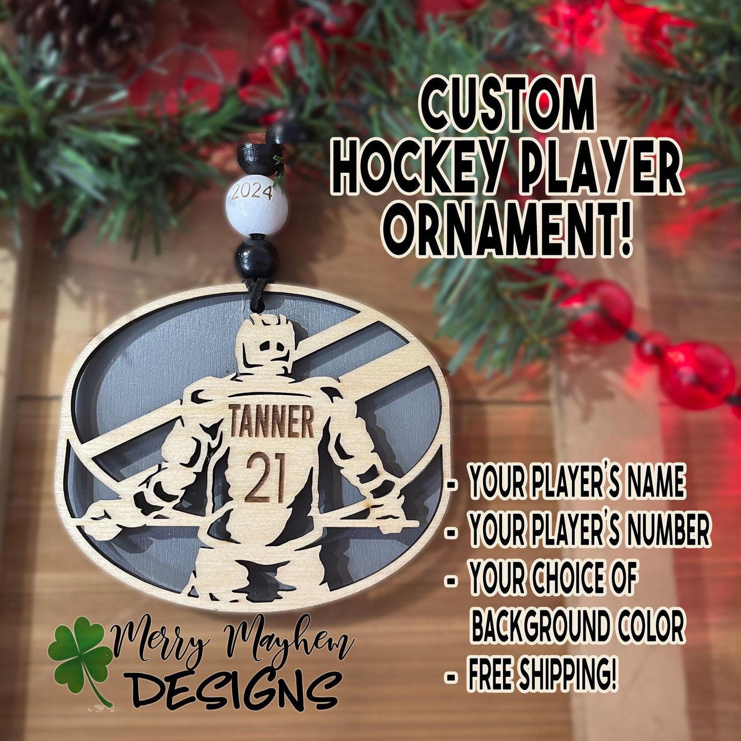 Custom Hockey Ornament – Laser-Engraved Player Name, Number & Position | Holiday Gift or Team Recognition