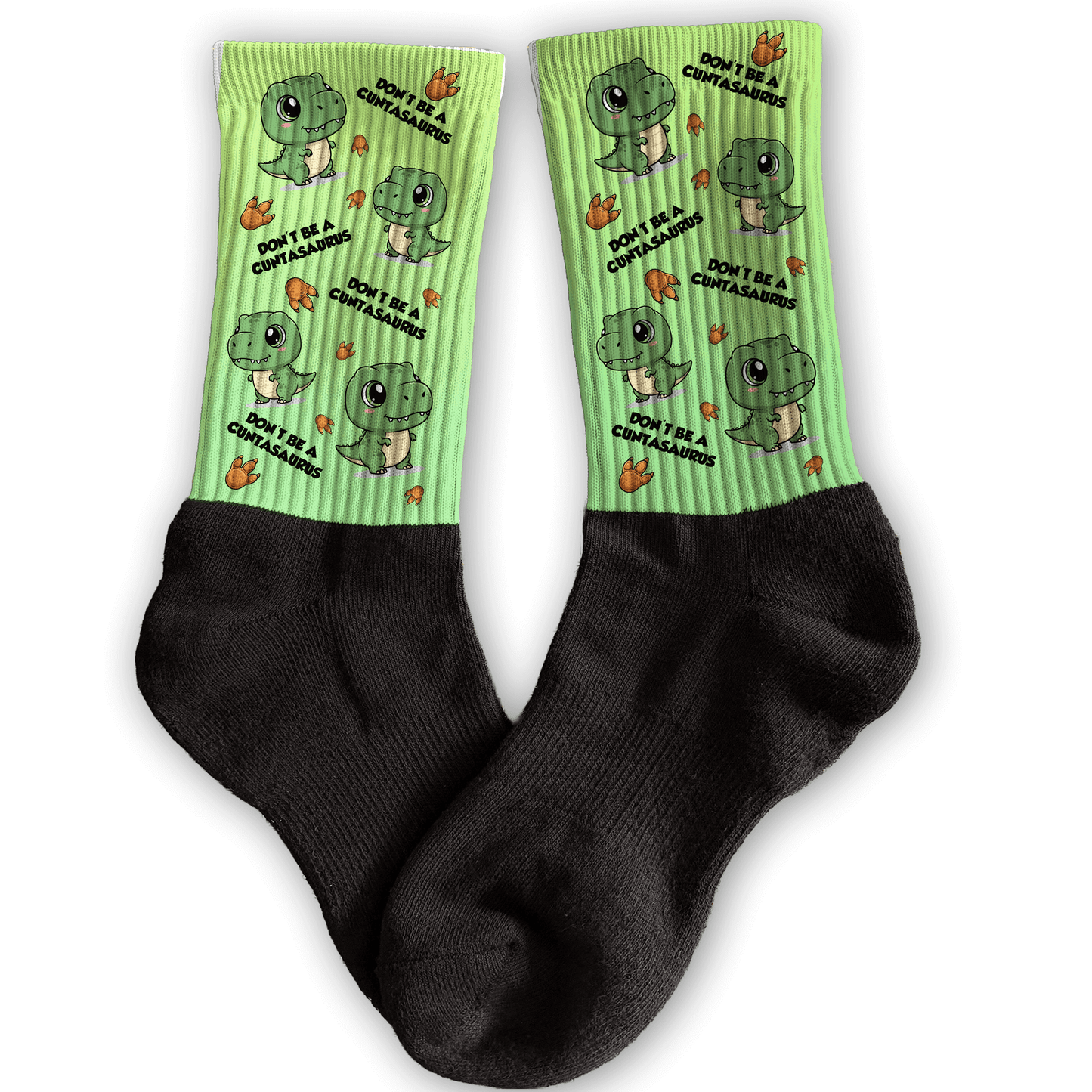 Funny dinosaur crew socks with “Don’t Be a Cuntasaurus” graphic, bold adult attitude gift.