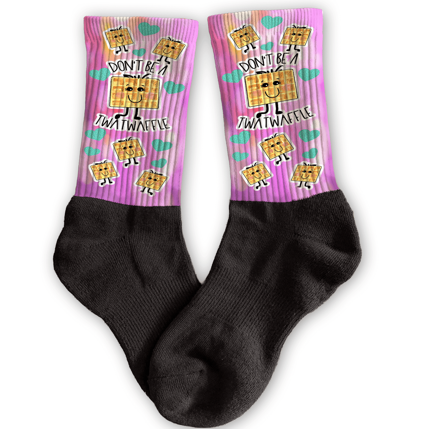 Funny crew socks with “Don’t Be a Twatwaffle” waffle design, pink background, unique rude adult stocking stuffer.
