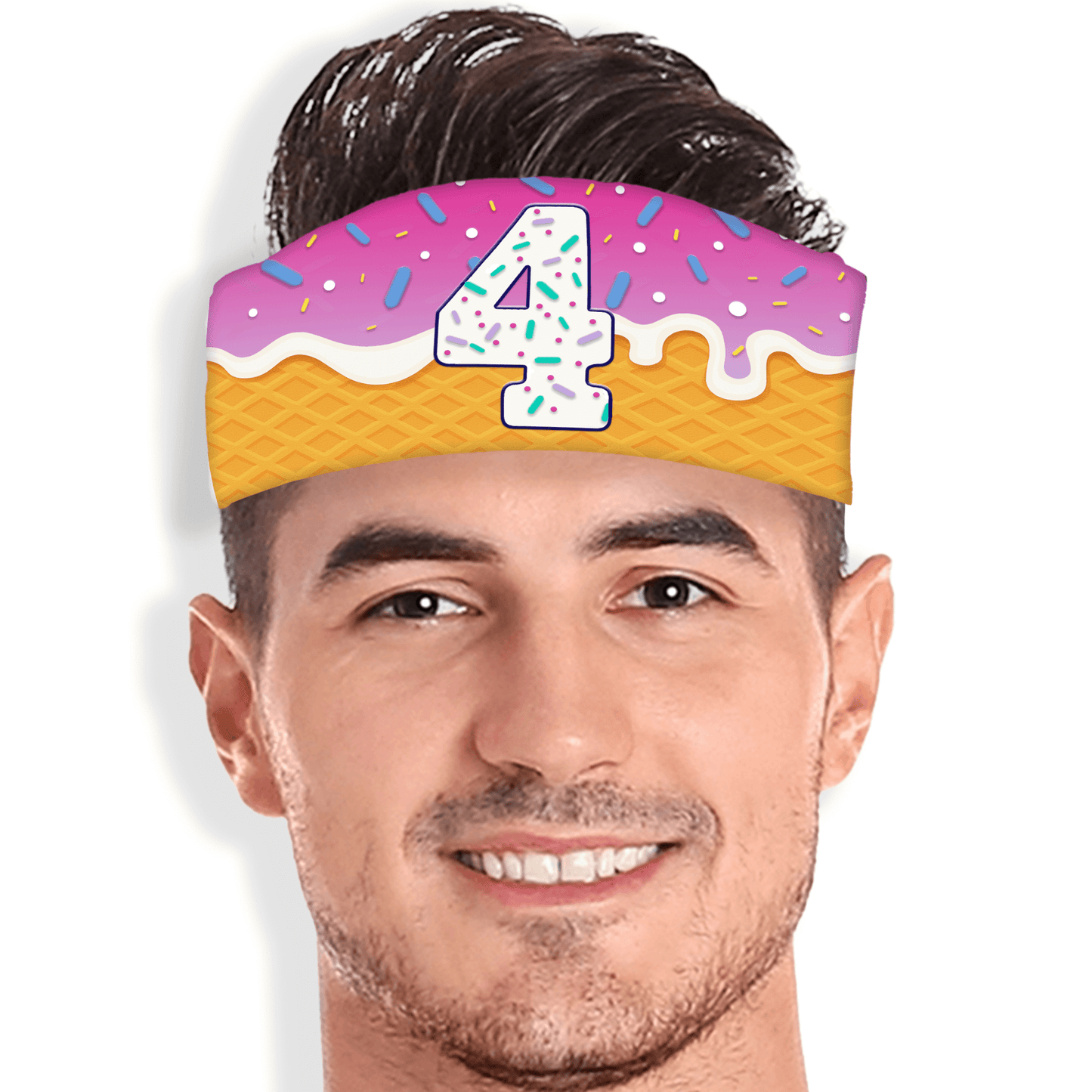 Ice cream skull wrap with sprinkles, waffle cone base, and custom number four. Drip-themed headband for youth athletes and fans