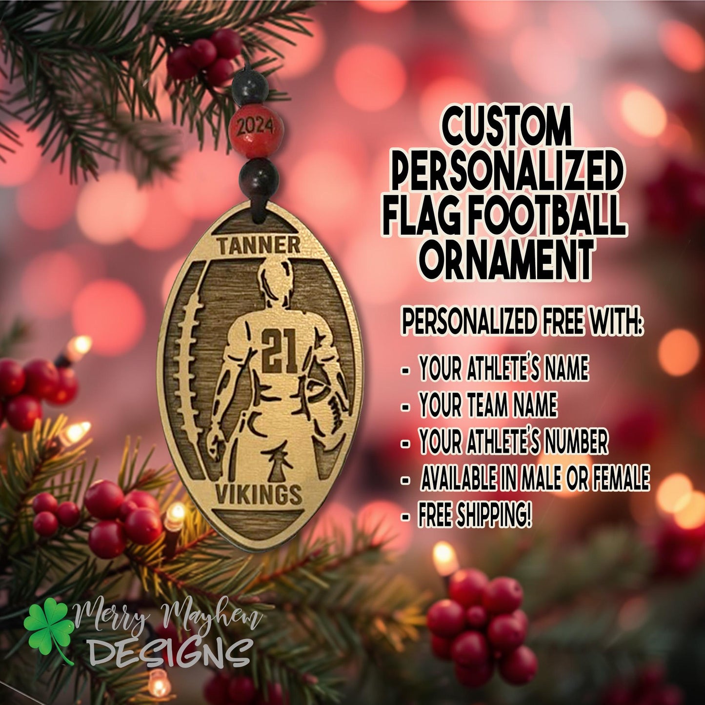 2025 Custom Flag Football Ornament – Personalized Player Gift with Team Colors & Number | Great for Coaches & Youth Teams