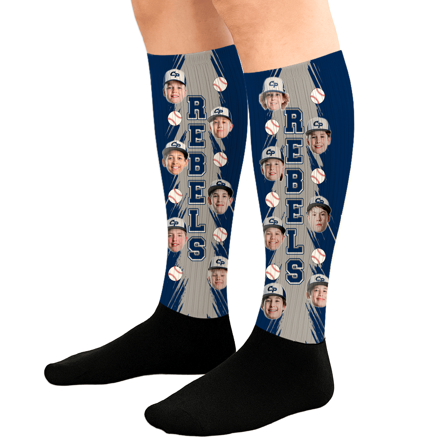 Socks with a personalized design featuring a baseball player's face and the word 'REBELS'.