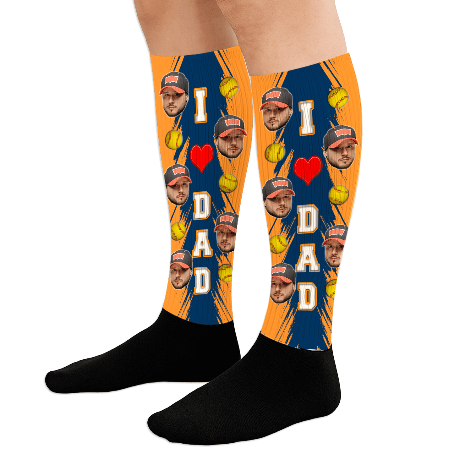 Colorful socks with 'I ❤️ DAD' text and images of a man on a white background