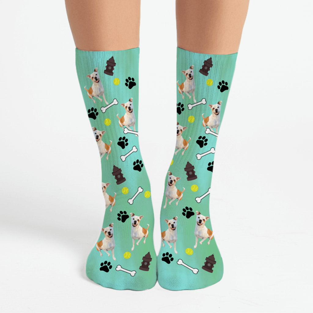 Fur Baby Photo Socks—custom pet socks with your dog’s picture, playful background color, unique gift for pet lovers.