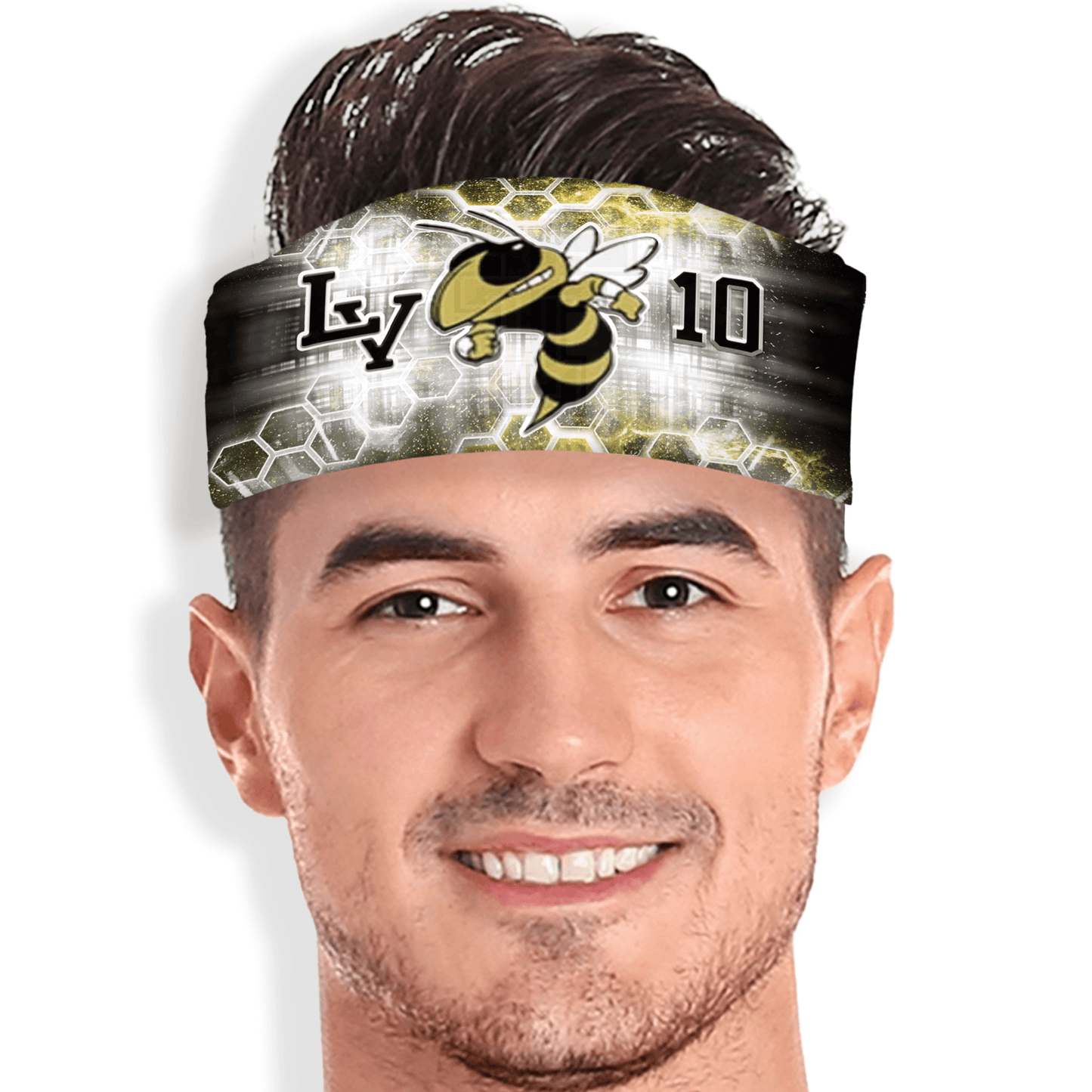 Honeycomb skull wrap with yellow jacket mascot, team initials, and jersey number. Custom headband for sports and spirit wear