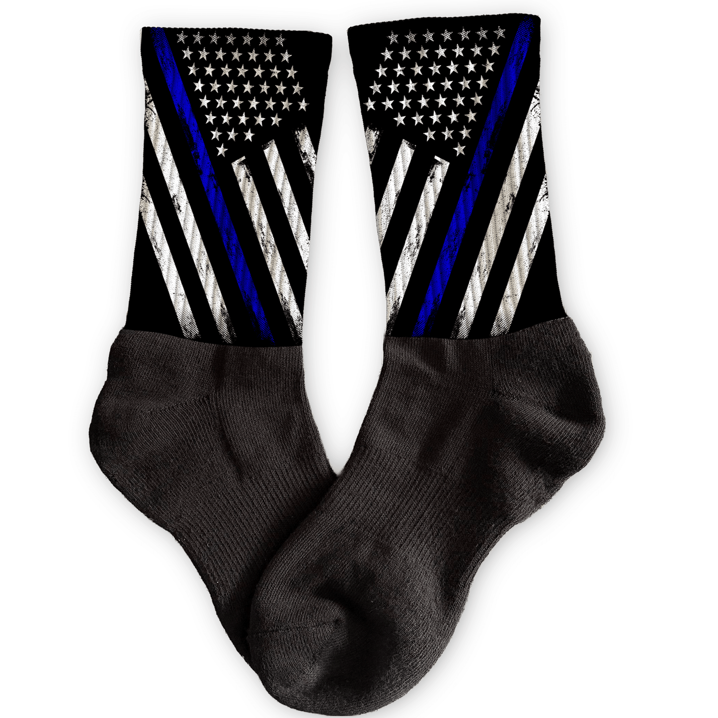 Grunge flag crew socks with customizable thin line stripe. Personalized support socks for police, fire, dispatch, and military.