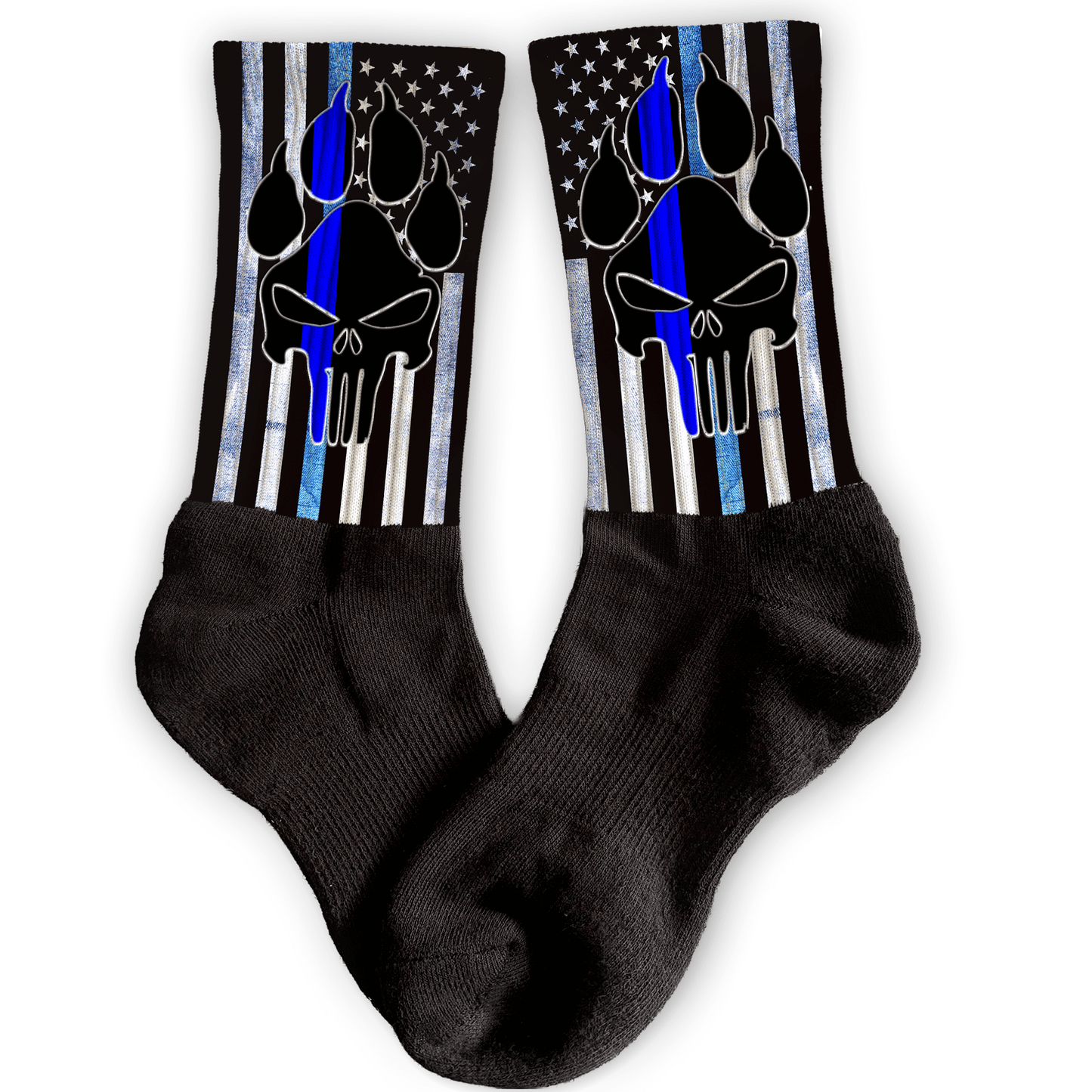 Custom K9 honor flag crew socks with blue thin line and paw print design