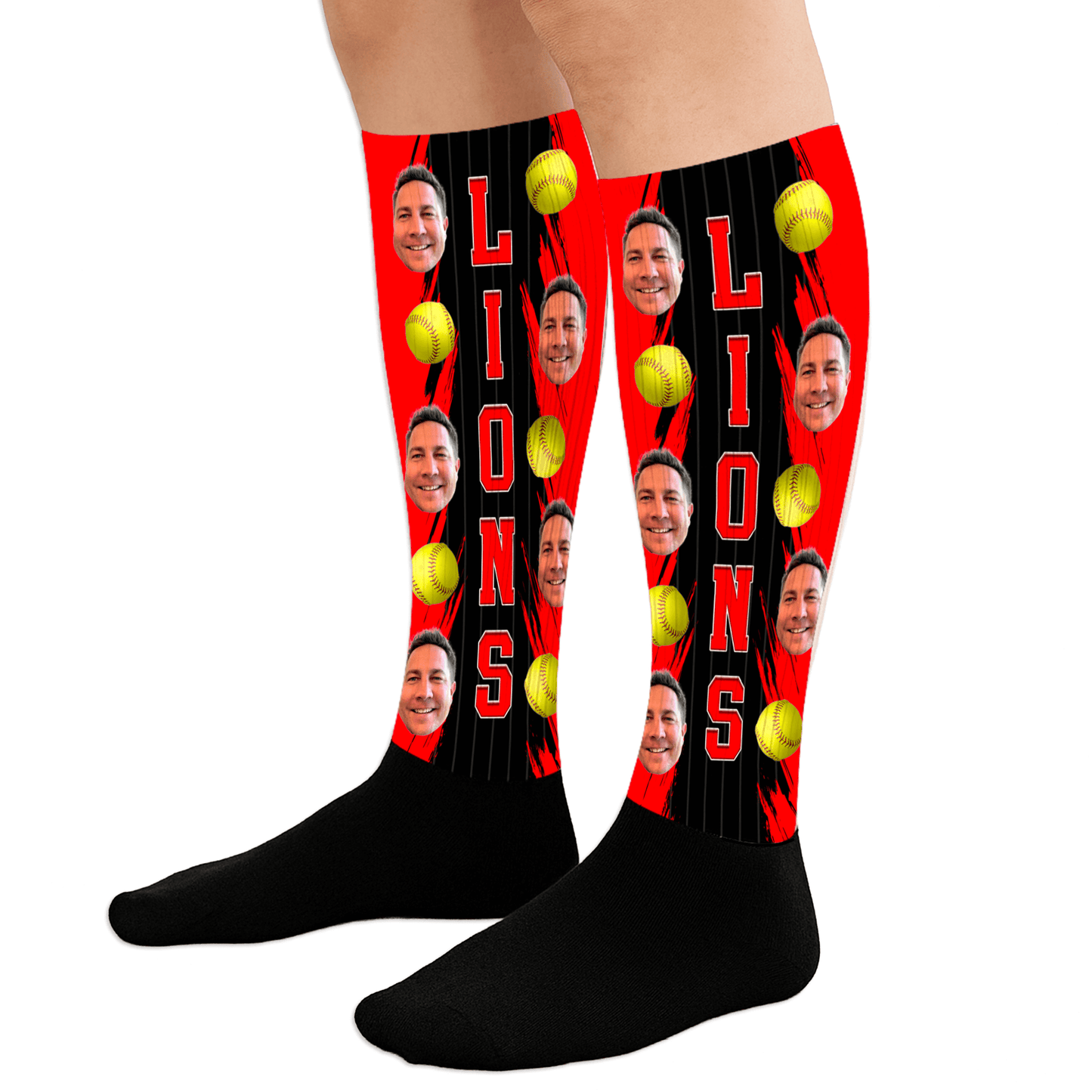 Socks with a lion logo and face pattern on a black background