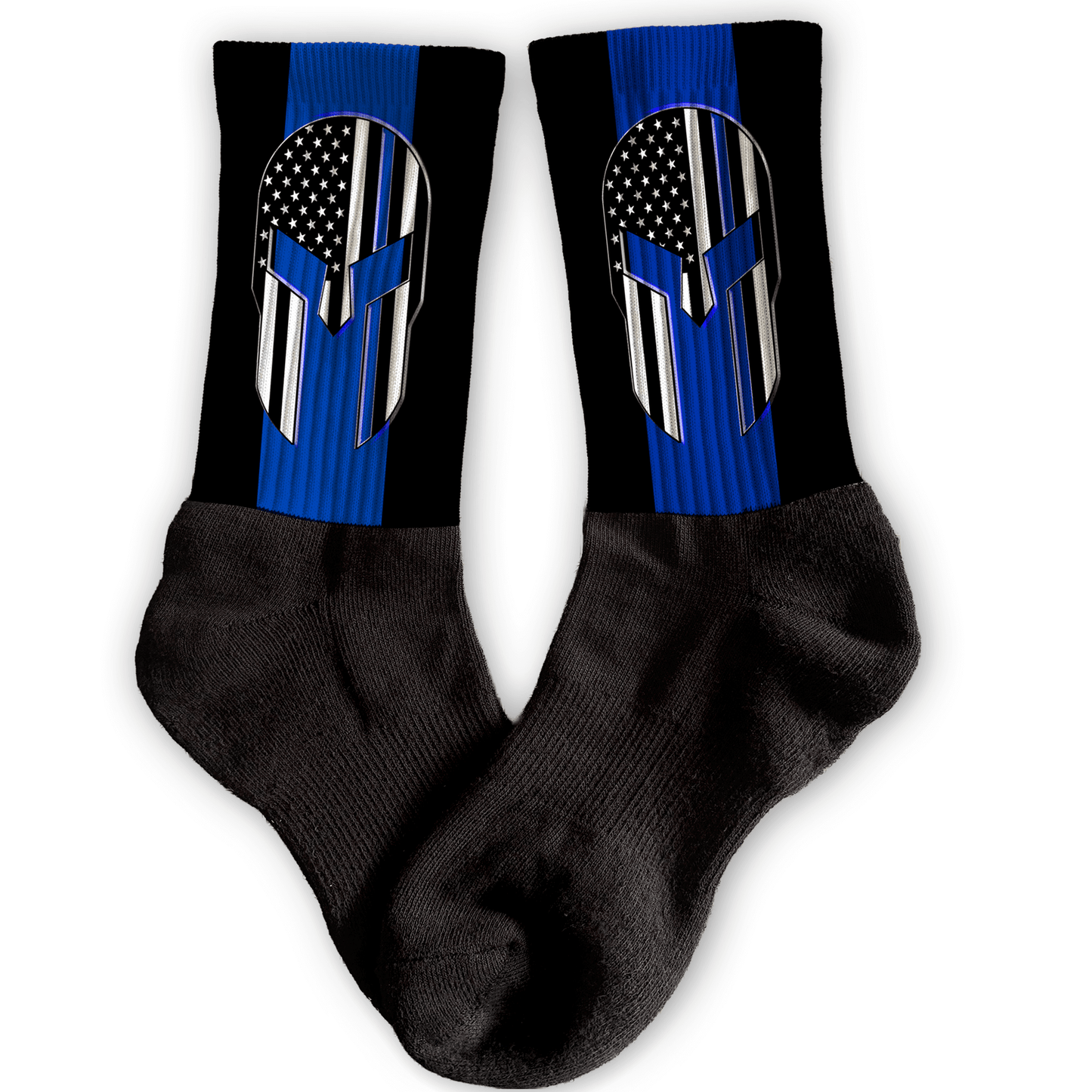 Athletic crew socks with Molon Labe Spartan helmet and thin blue line American flag, custom hero gift.