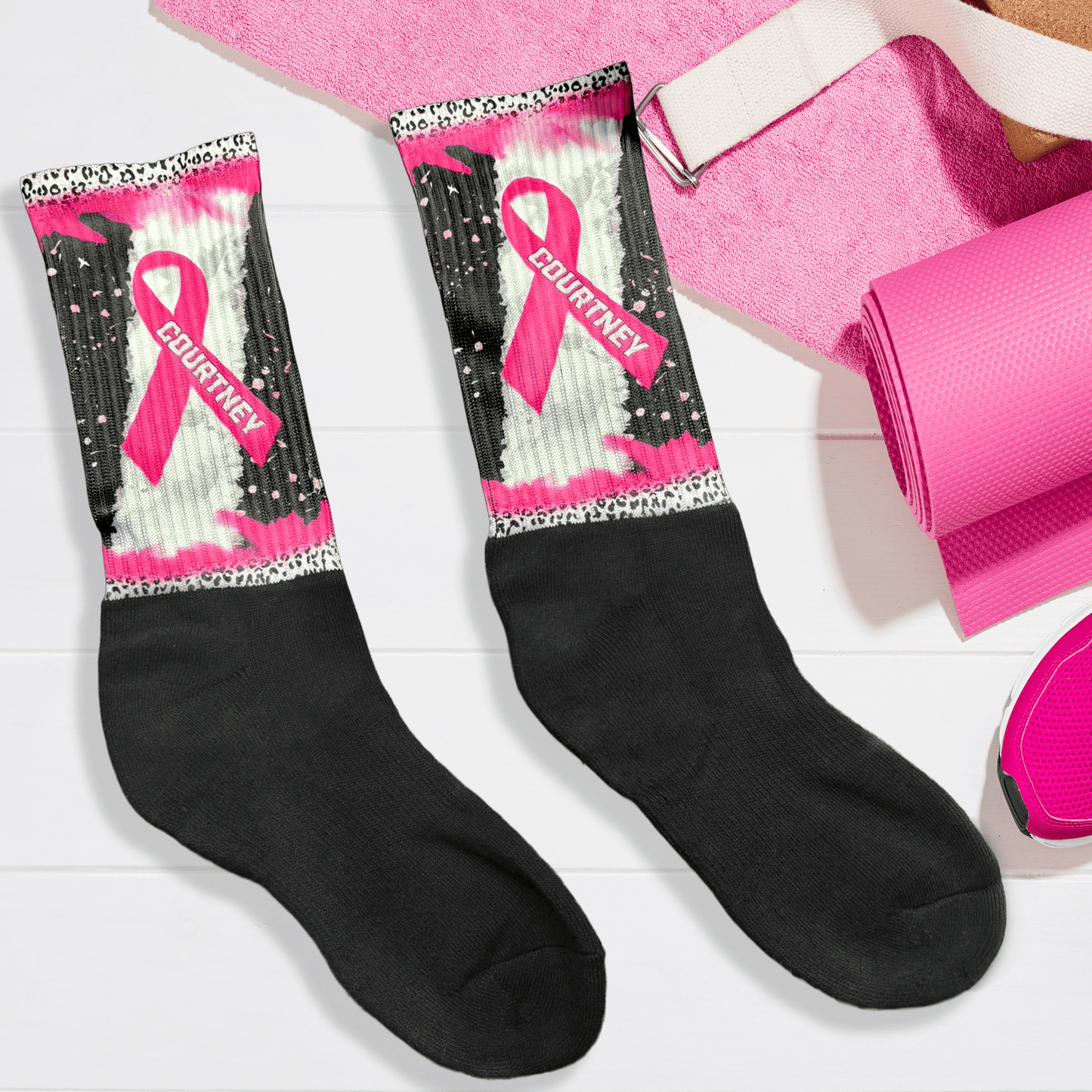 Personalized awareness ribbon socks with choice of color and name, available in crew or knee high.