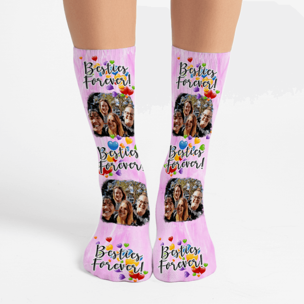 Personalized Best Friend Socks with photo—Besties Forever crew socks with colorful hearts, custom gift for friends.