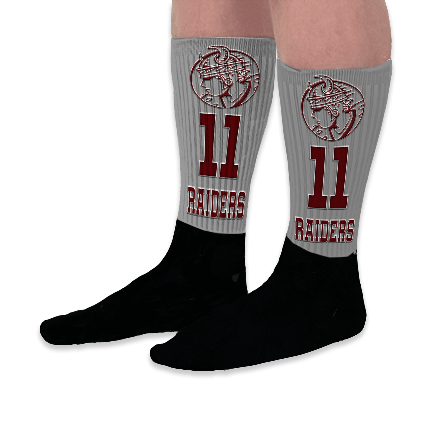 Custom gray and maroon crew socks with team mascot/logo, player number, and personalized team name.