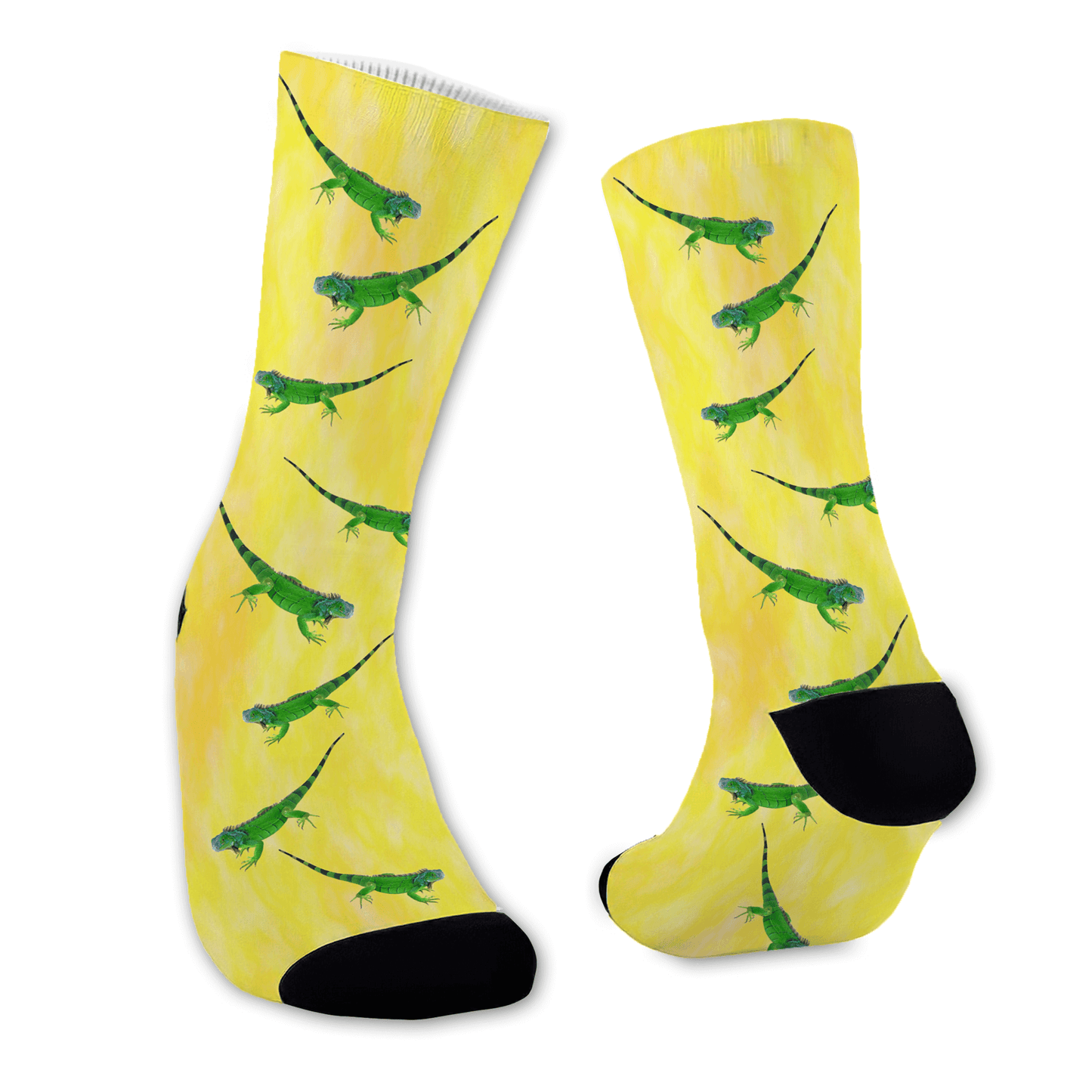 Yellow socks with green lizard pattern on a white background