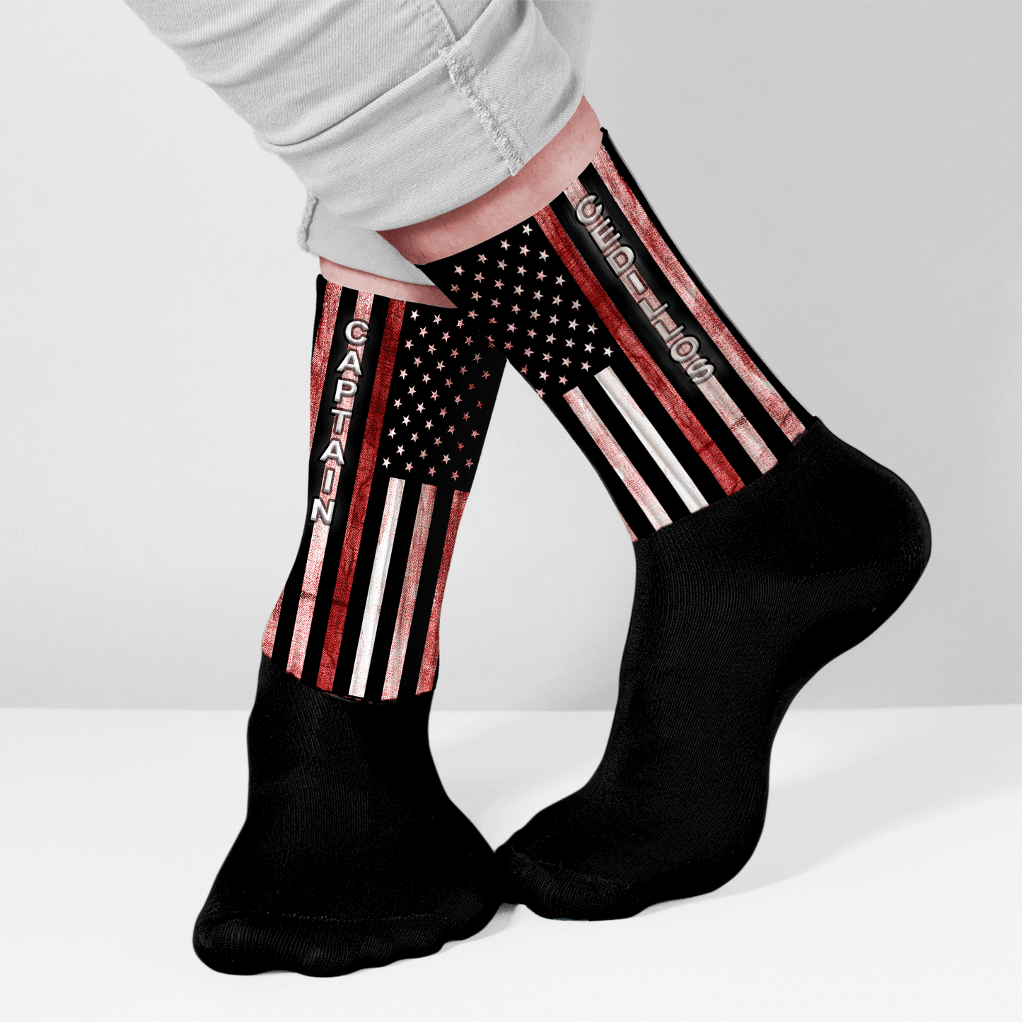 Custom red line firefighter flag crew socks with name – grunge style hero tribute gift