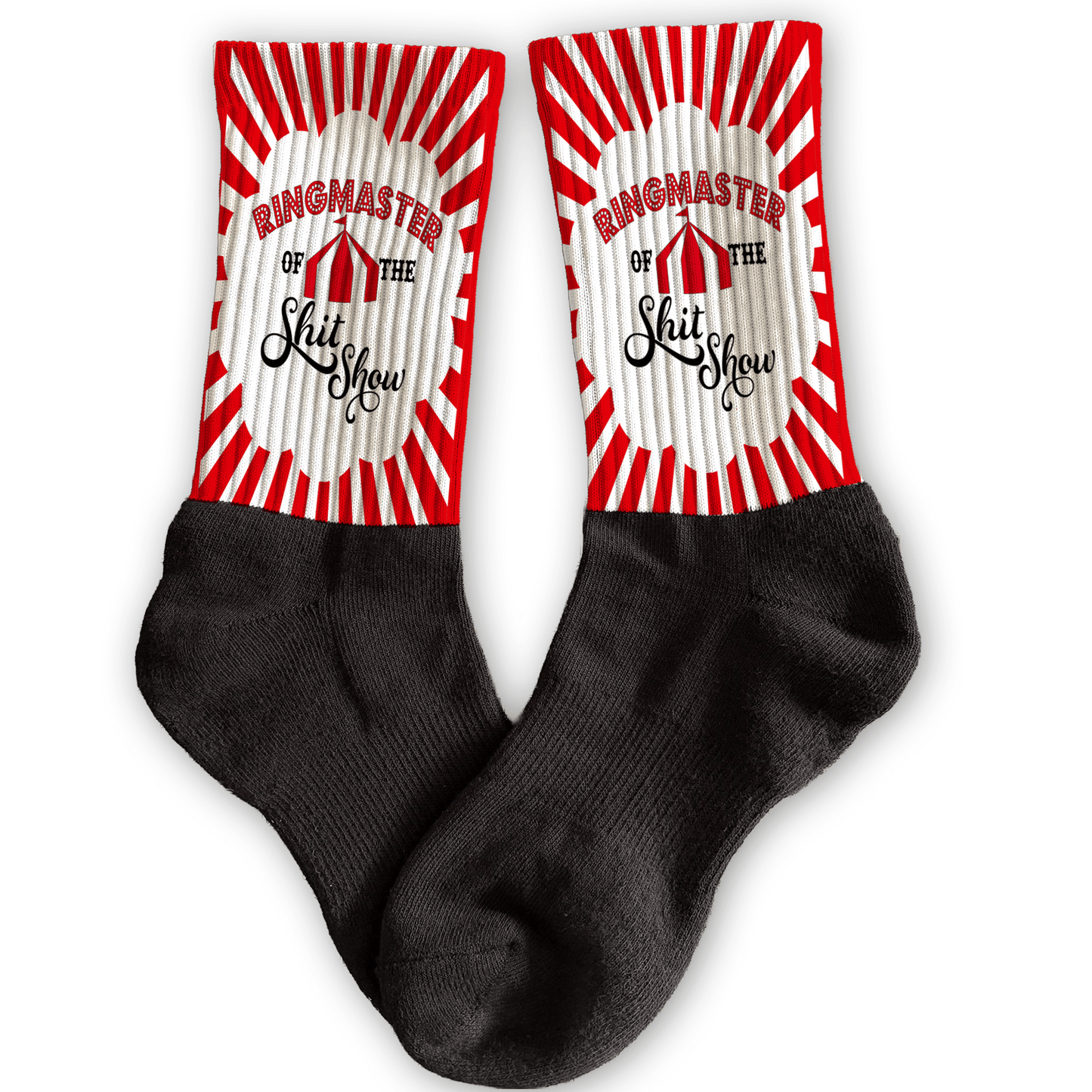 Funny circus crew socks with “Ringmaster of the ShitShow” design, red and white stripes, adult novelty gift.
