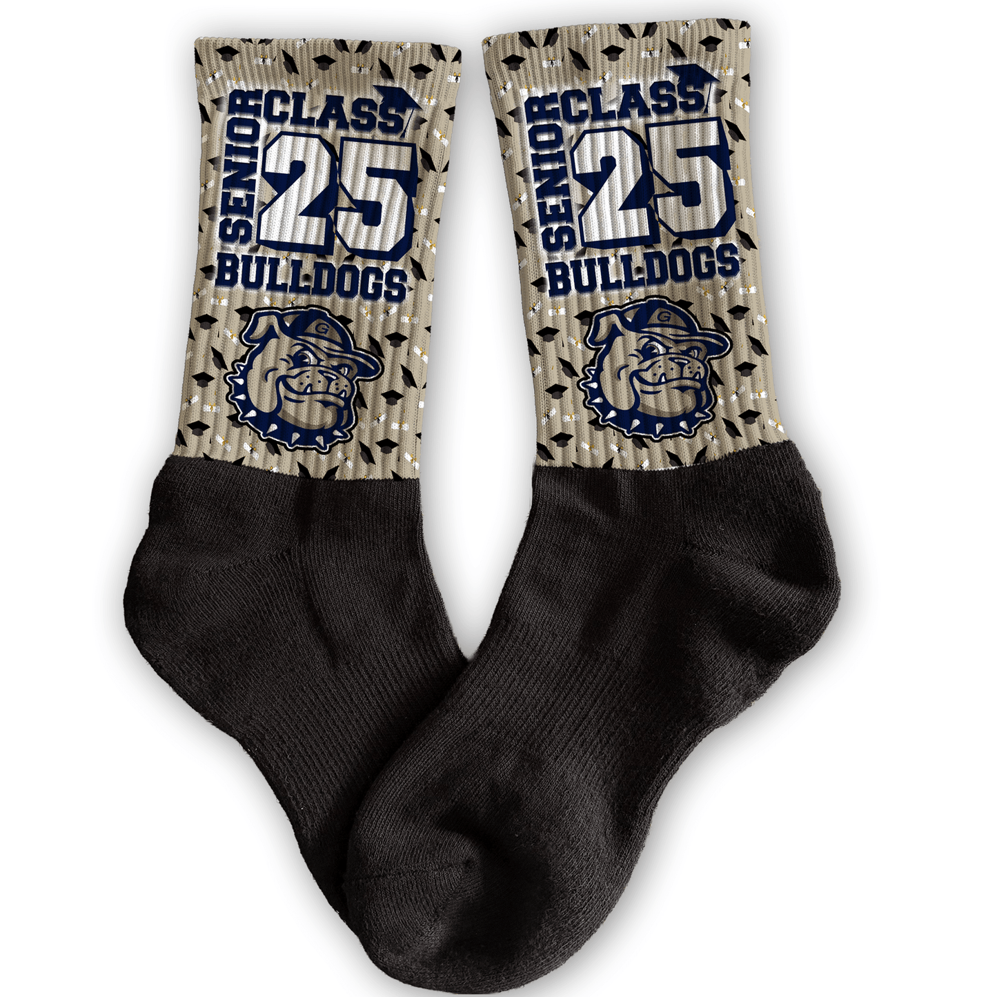 Senior class graduation socks personalized with mascot, class year, and team colors—custom senior gift.