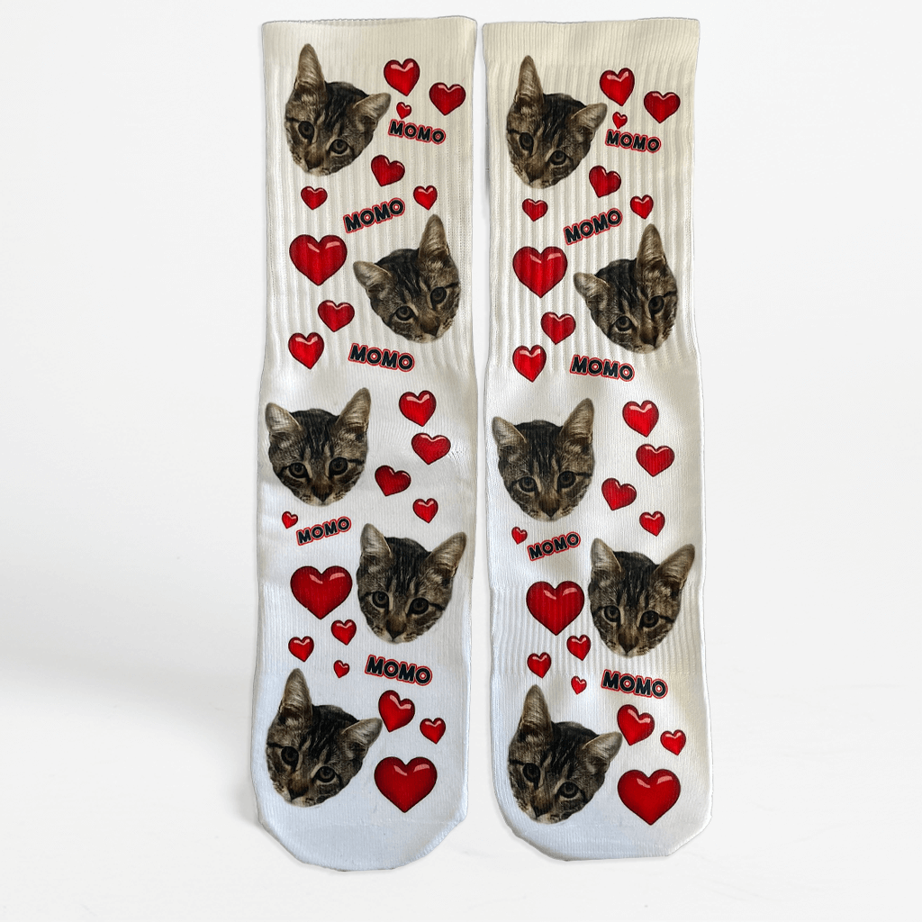 Pair of socks with cat faces and red hearts on a white background