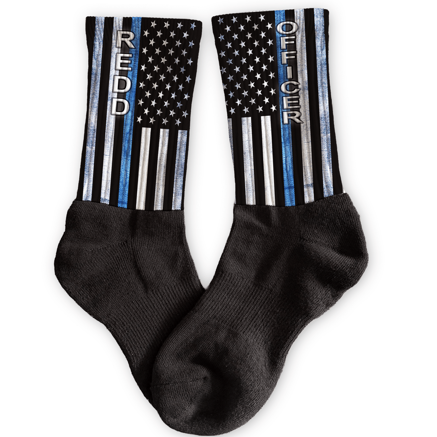 Thin Blue Line crew socks with custom police name and flag design