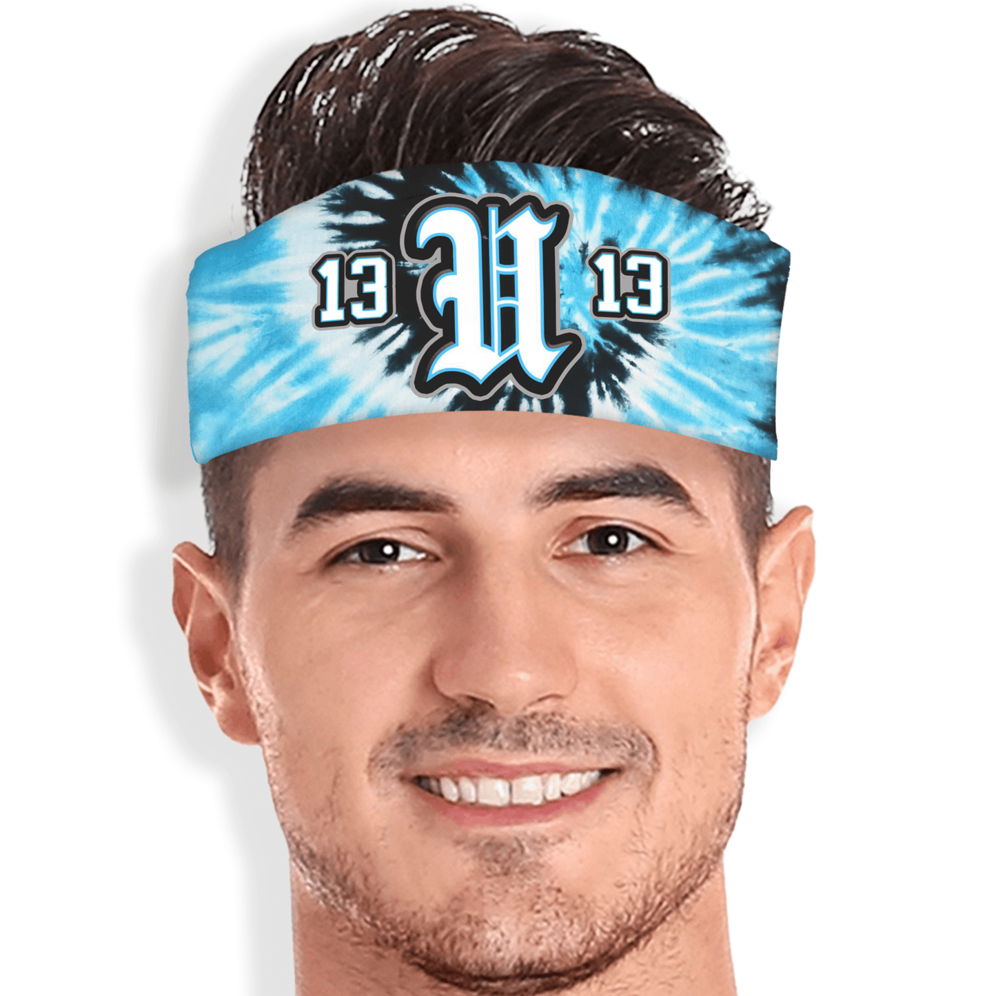 Tie-dye skull wrap in blue and black with custom team letter and number. Personalized headband for sports and spirit.