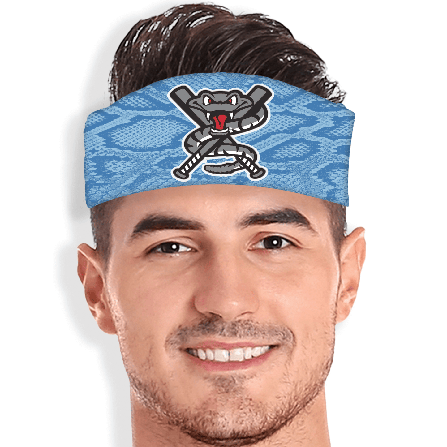Blue snakeskin skull wrap with custom snake and crossed bats mascot. Personalized headband for sports and team gear.