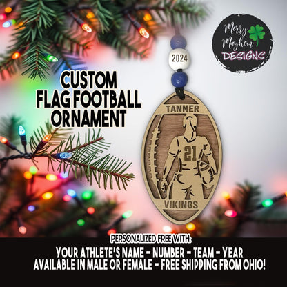 2025 Custom Flag Football Ornament – Personalized Player Gift with Team Colors & Number | Great for Coaches & Youth Teams