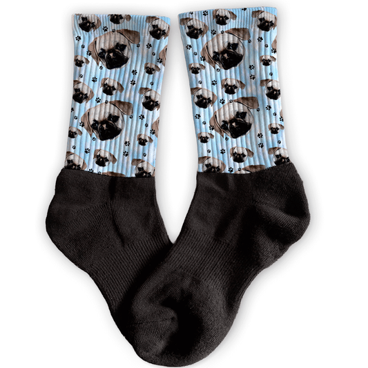 All-Star Pet Crew Socks with custom pet face, blue background, black foot, and paw print accents.