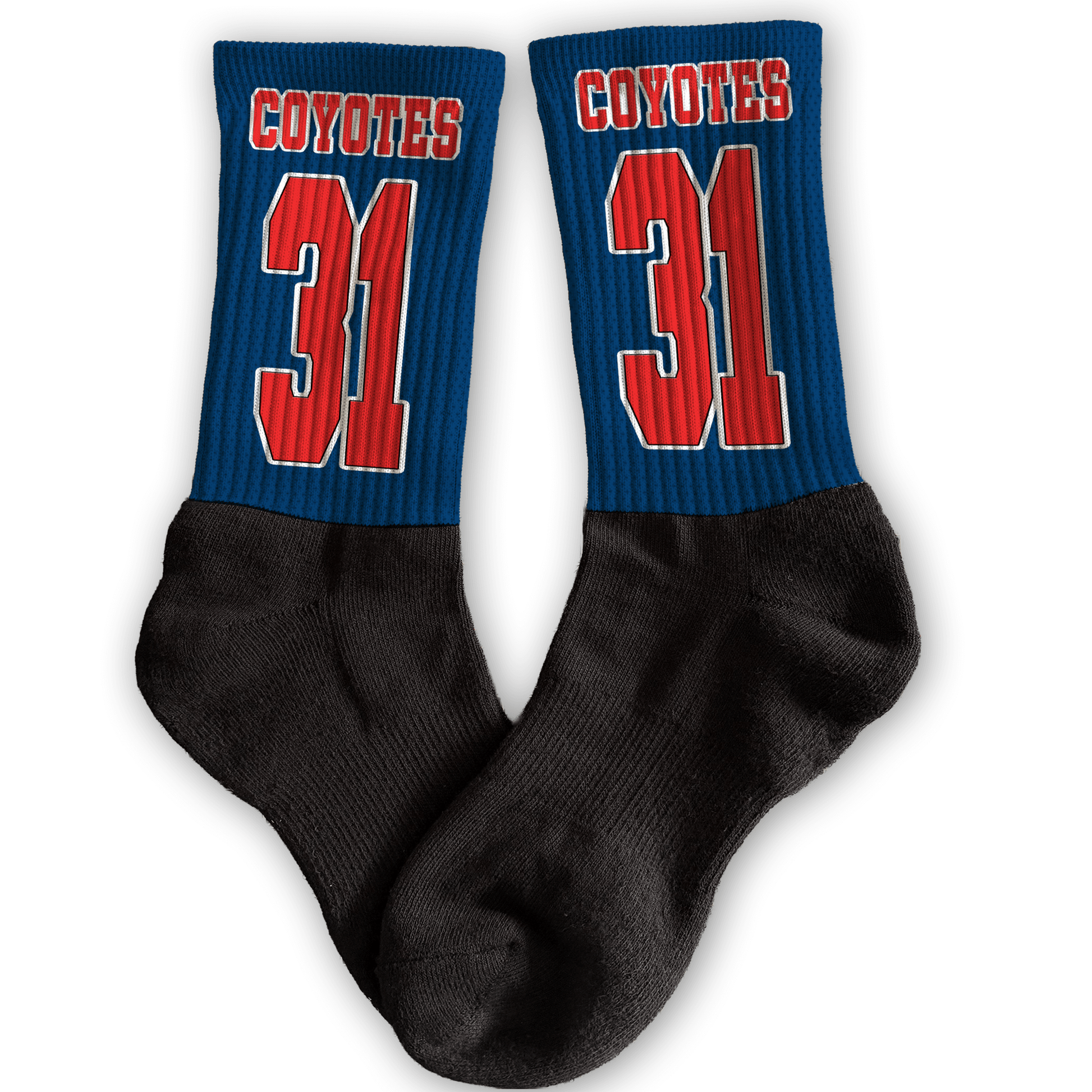 Custom blue and red crew socks with team mascot/logo, player number, and personalized team name.